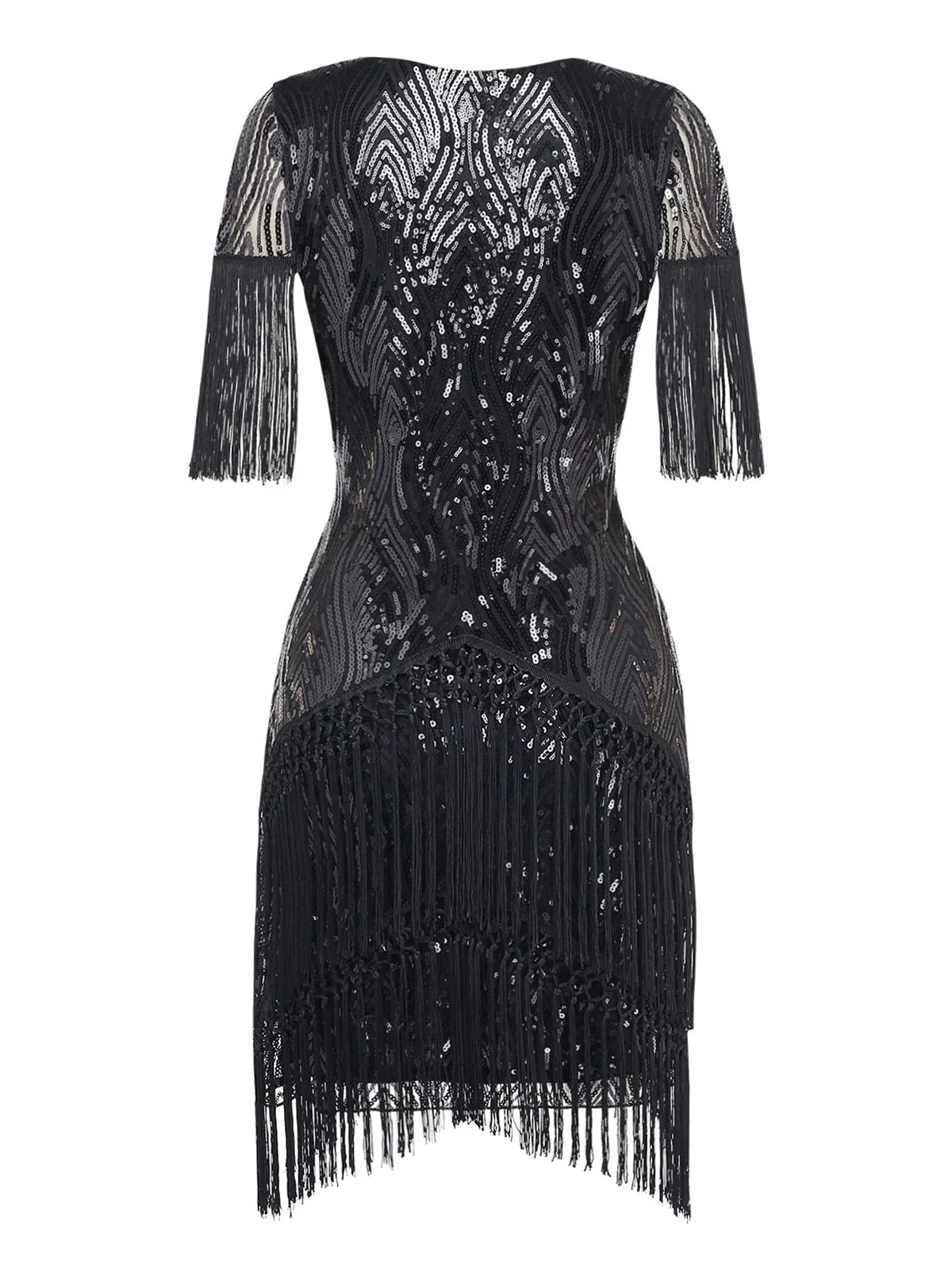 Black 1920s Flapper Tassel Fringe Great Gatsby Sequin Dress - Image 3