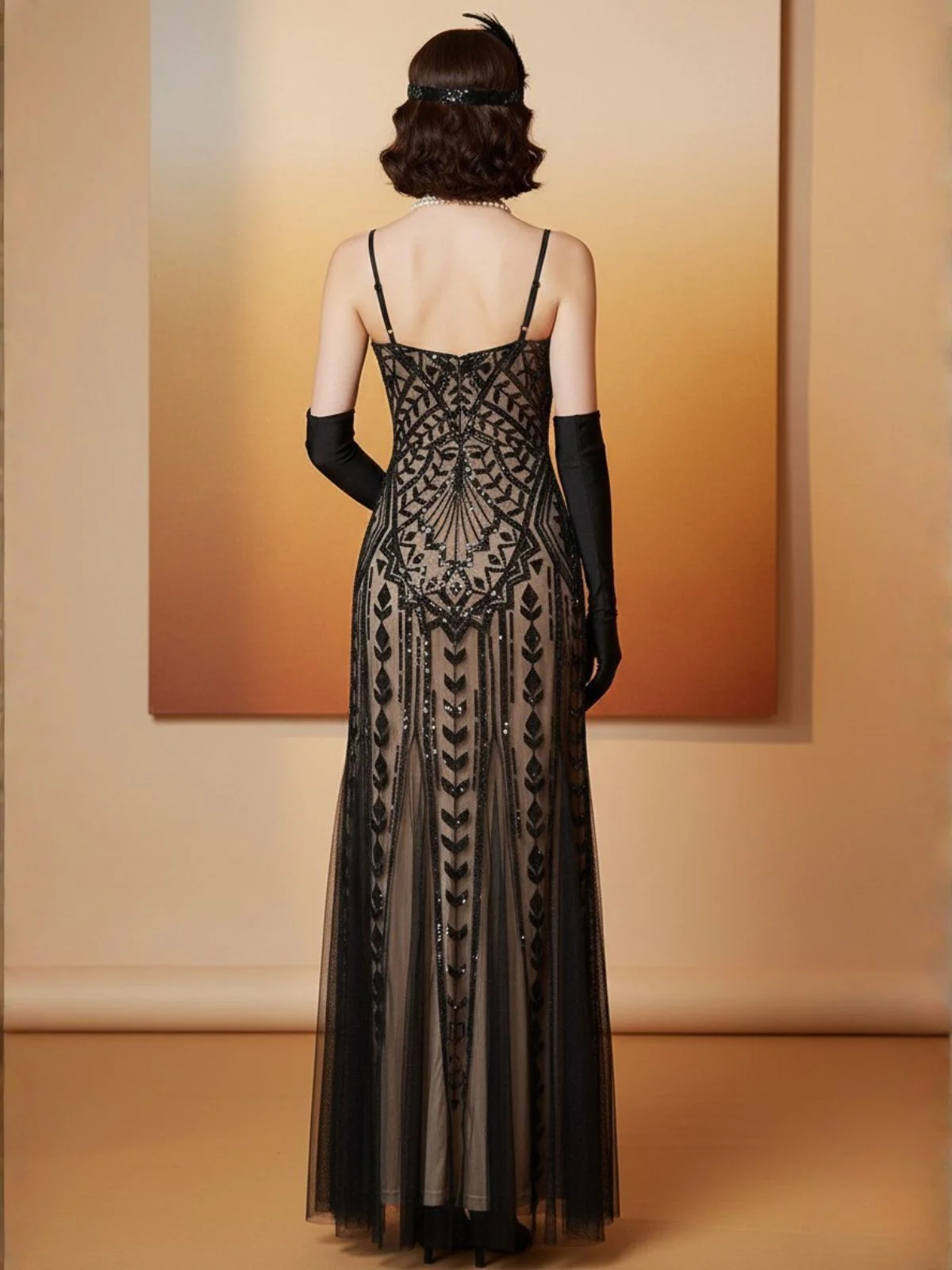 Black 1920s Gatsby Sequin Mesh Maxi Evening Dress - Image 2