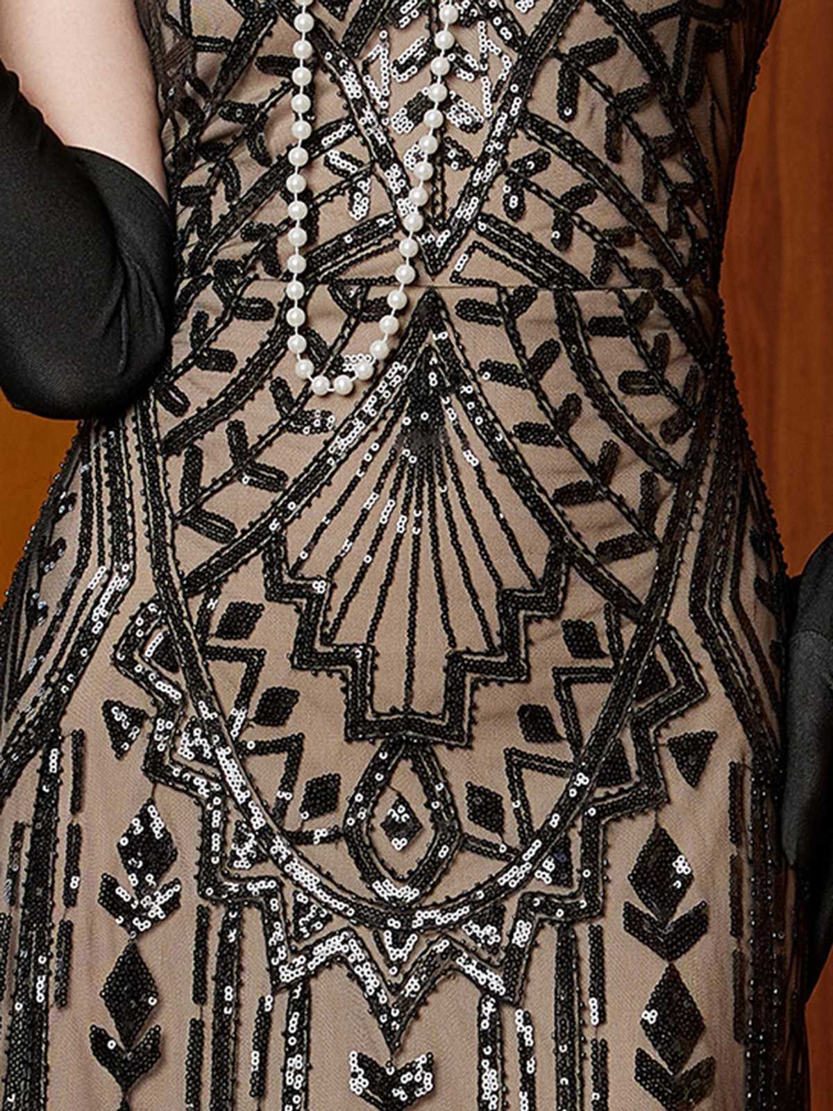 Black 1920s Gatsby Sequin Mesh Maxi Evening Dress - Image 6