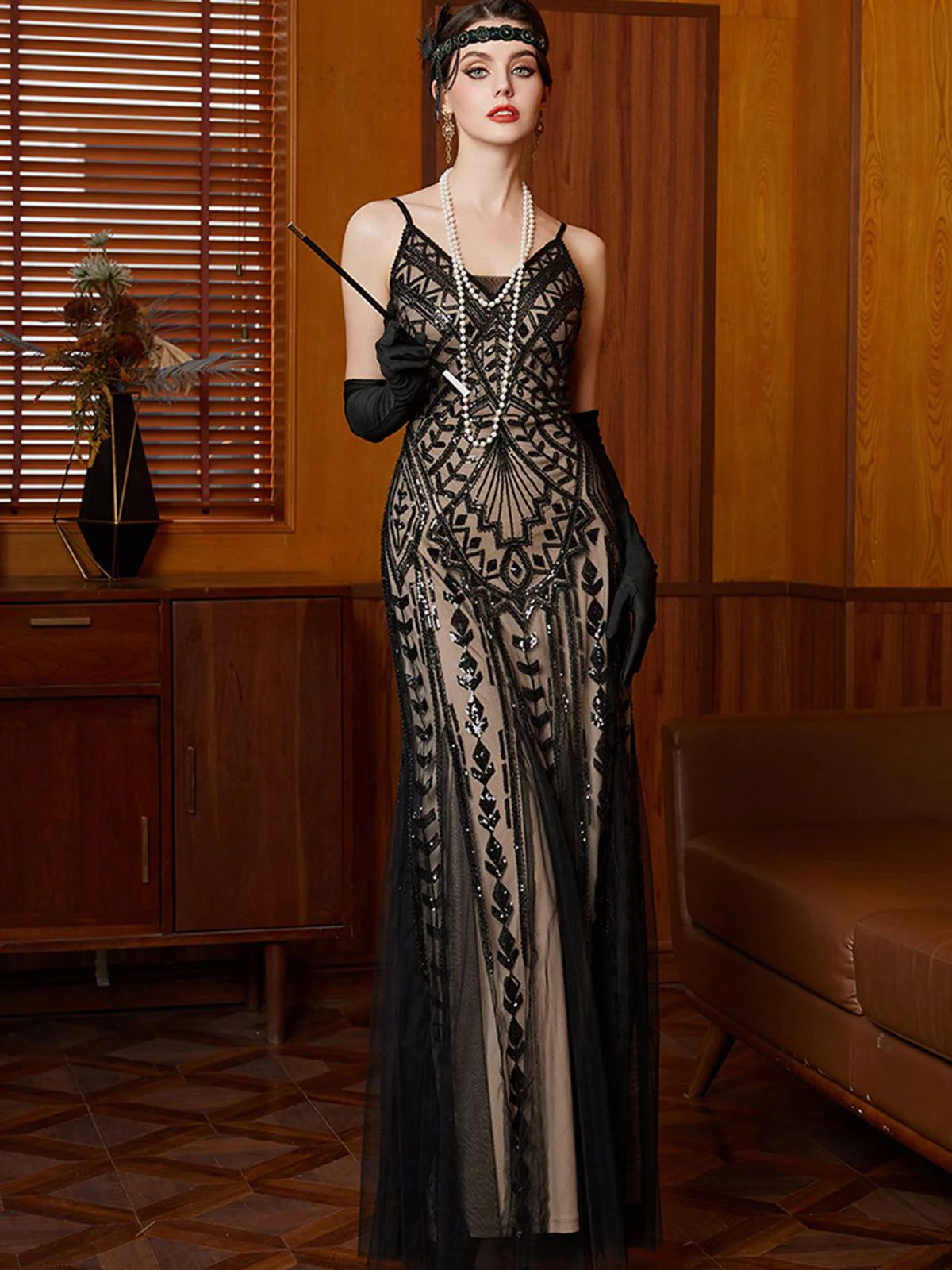 Black 1920s Gatsby Sequin Mesh Maxi Evening Dress - Image 2