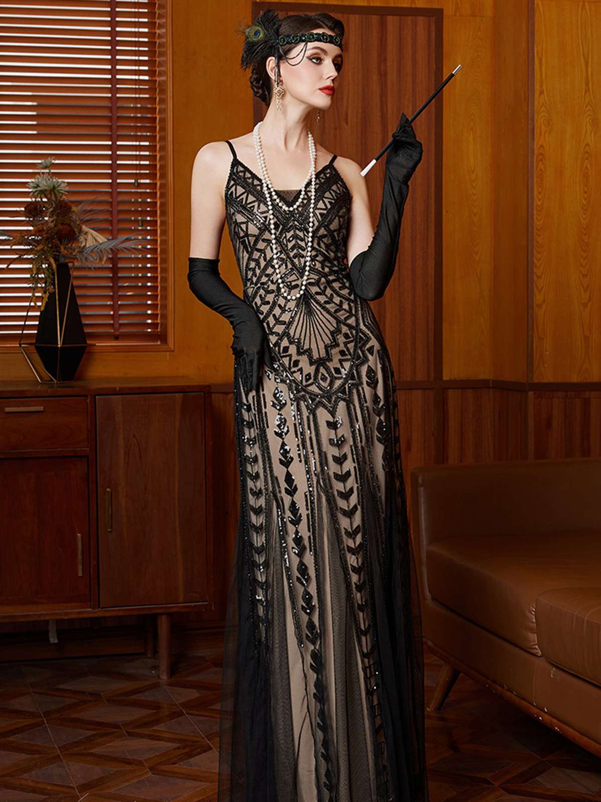 Black 1920s Gatsby Sequin Mesh Maxi Evening Dress - Image 3