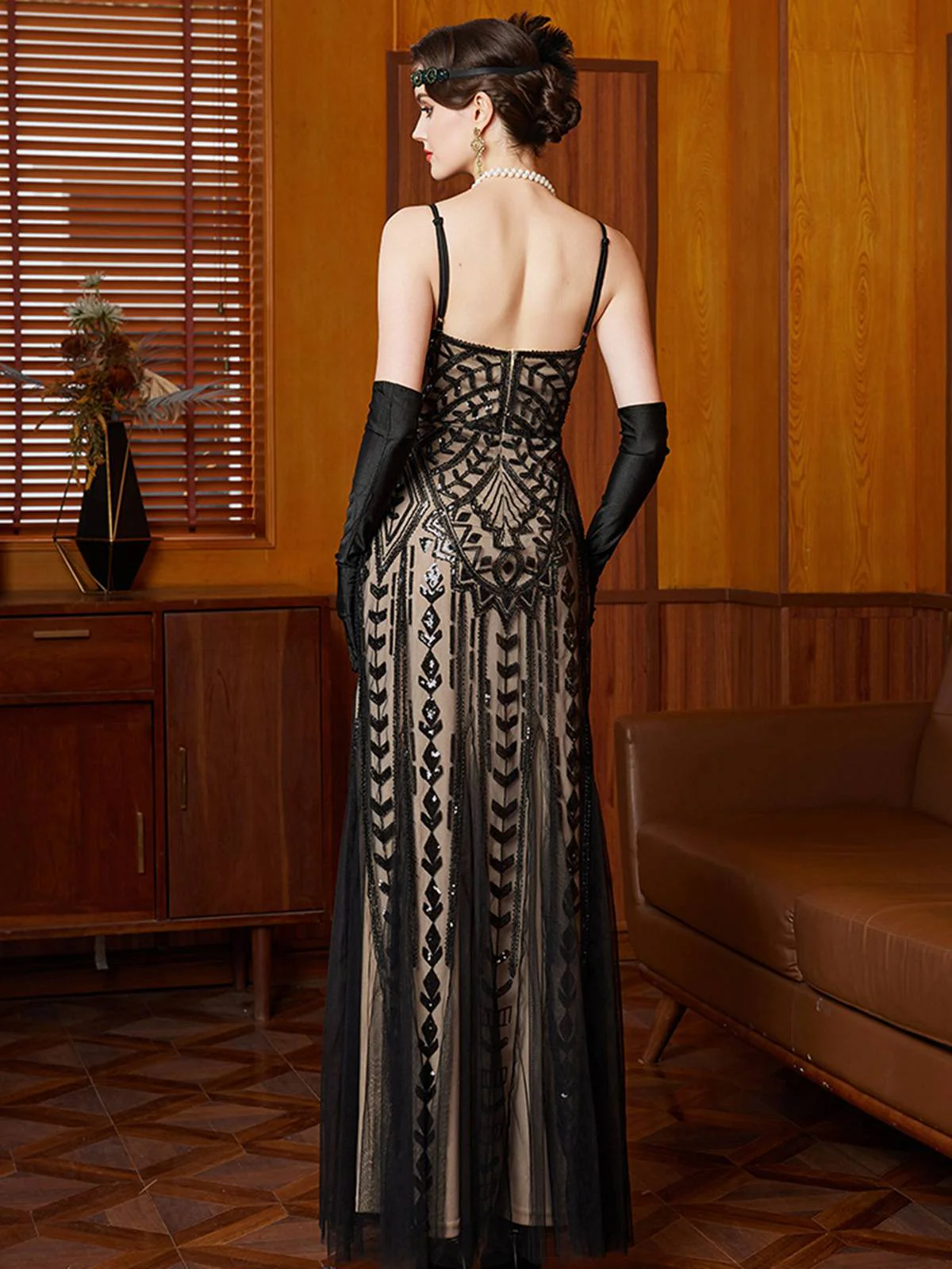 Black 1920s Gatsby Sequin Mesh Maxi Evening Dress - Image 4