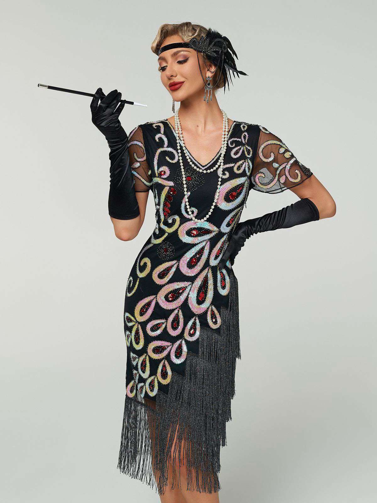 Black 1920s Peacock Sequin Beaded Fringe Flapper Dress - Image 2