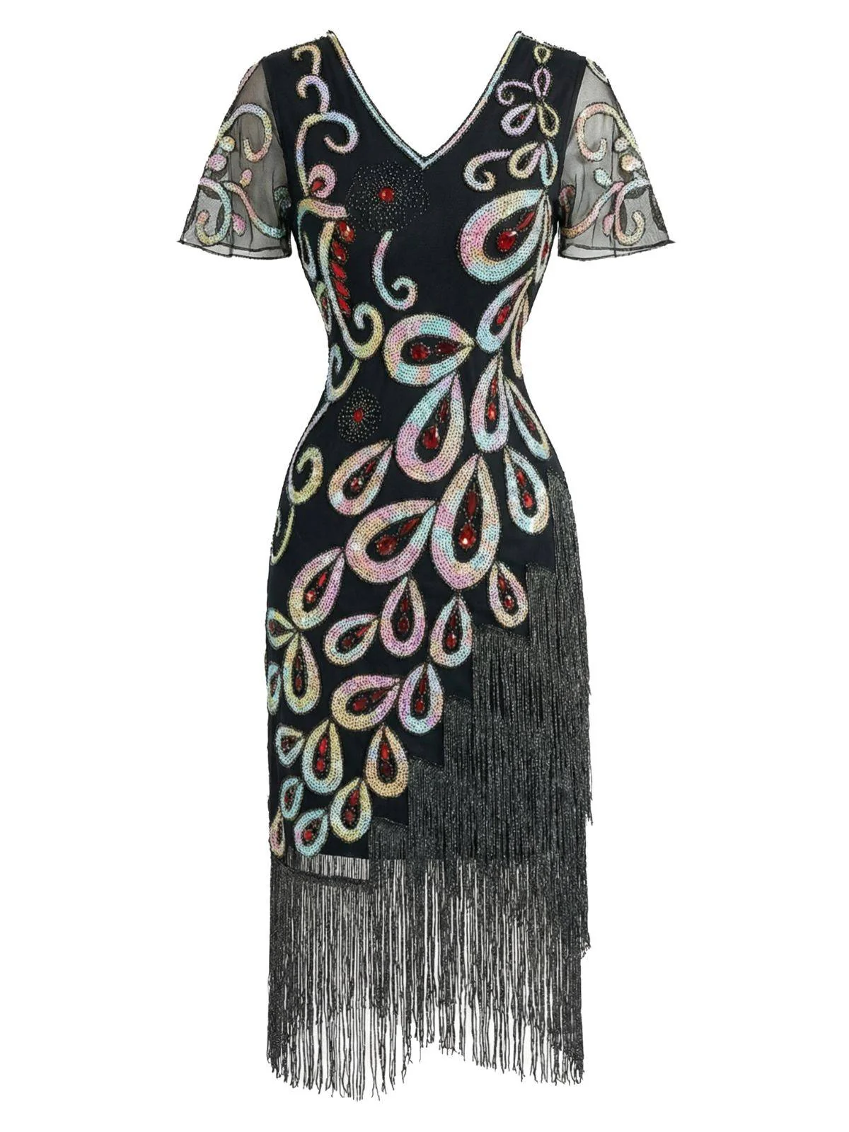 Black 1920s Peacock Sequin Beaded Fringe Flapper Dress - Image 3