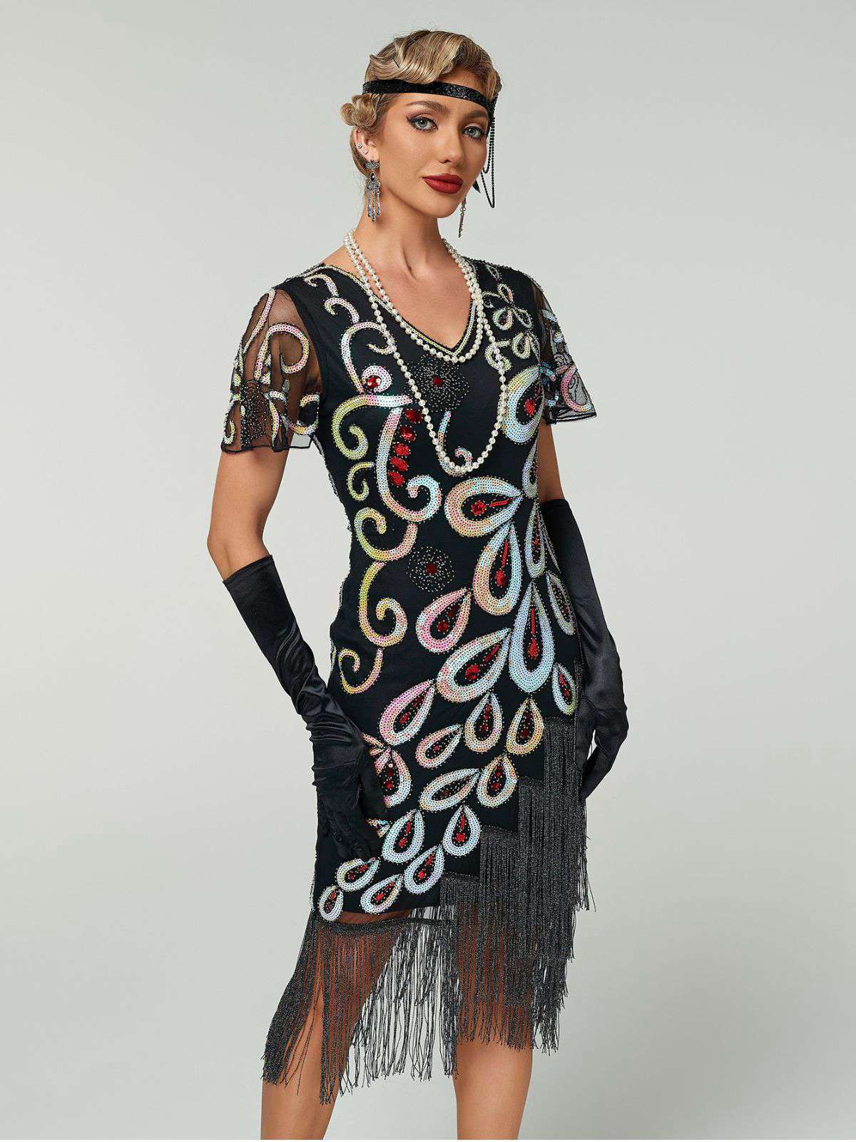 Black 1920s Peacock Sequin Beaded Fringe Flapper Dress - Image 4