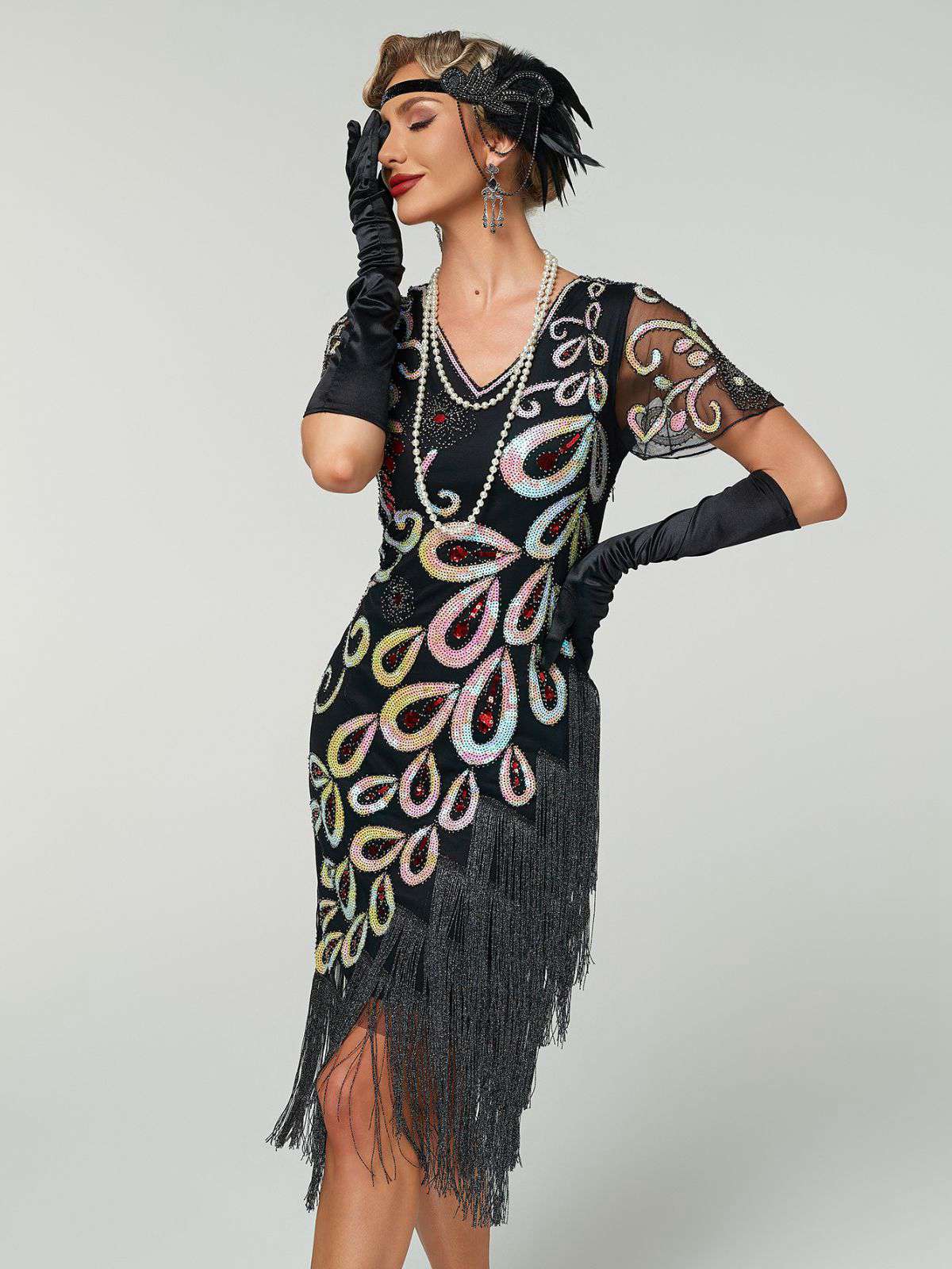 Black 1920s Peacock Sequin Beaded Fringe Flapper Dress - Image 5