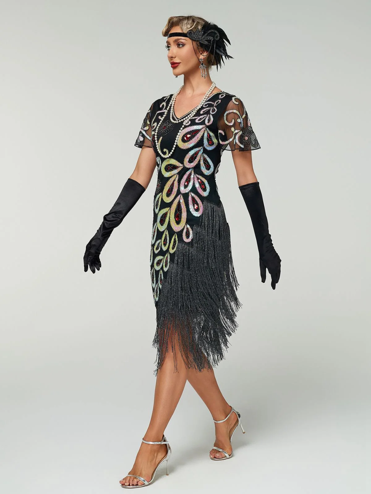 Black 1920s Peacock Sequin Beaded Fringe Flapper Dress - Image 6