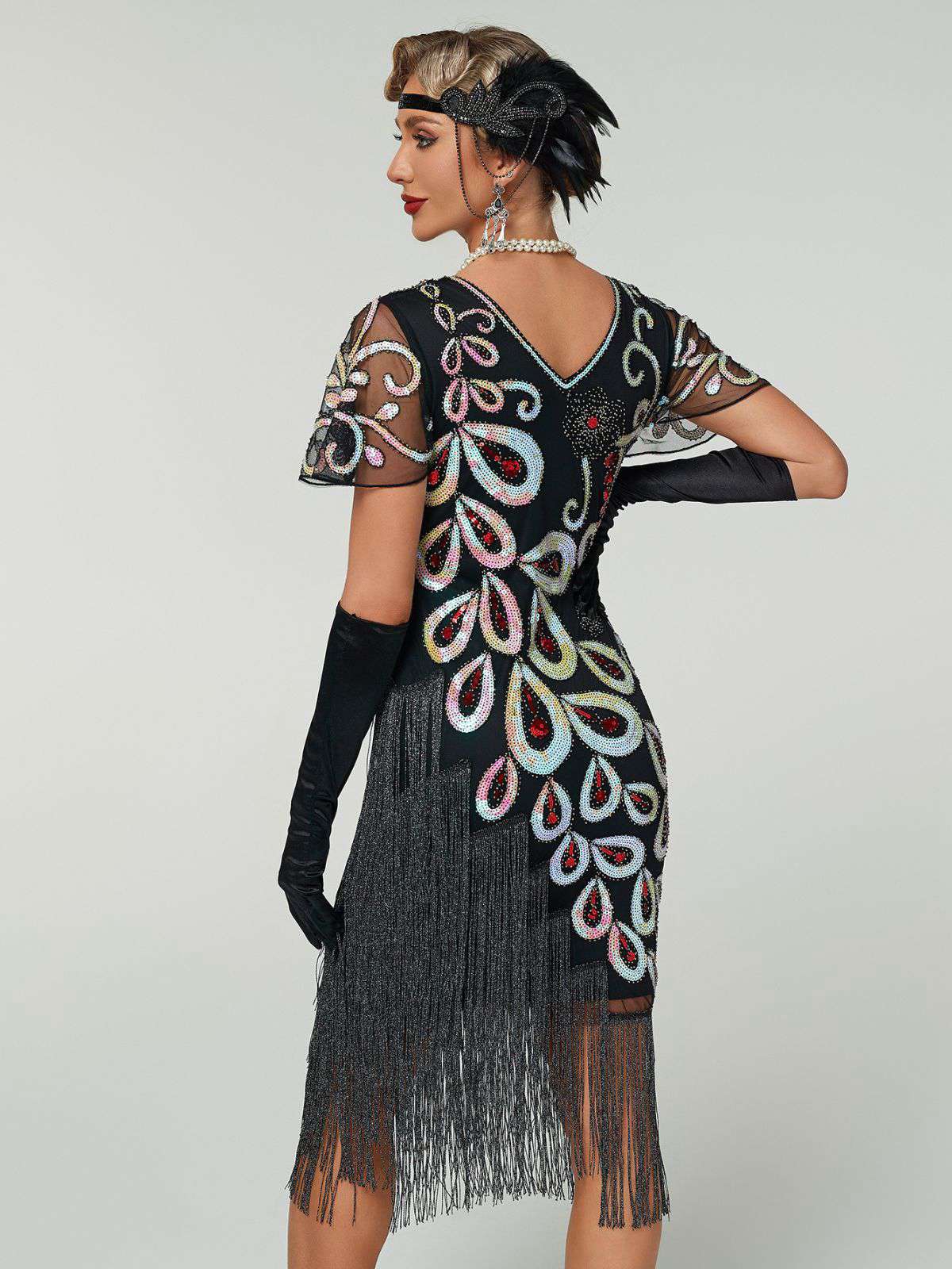 Black 1920s Peacock Sequin Beaded Fringe Flapper Dress - Image 7