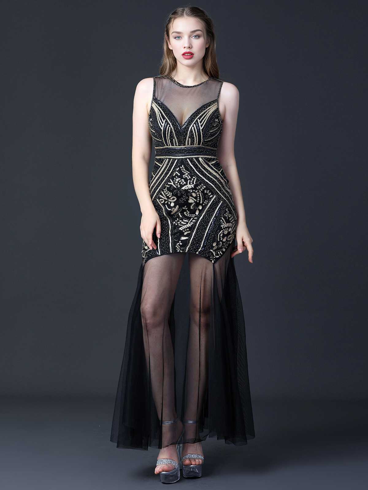 Black 1920s Round Neck Sheer Beading Dress - Image 3