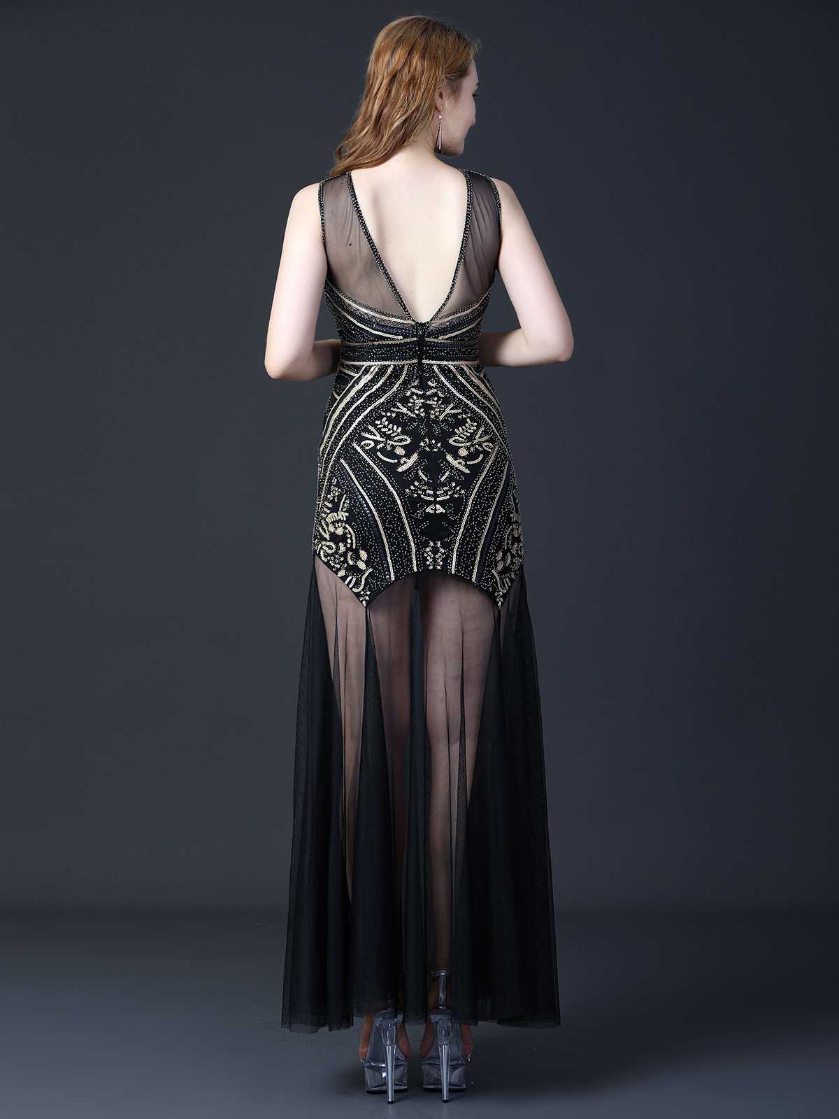 Black 1920s Round Neck Sheer Beading Dress - Image 4