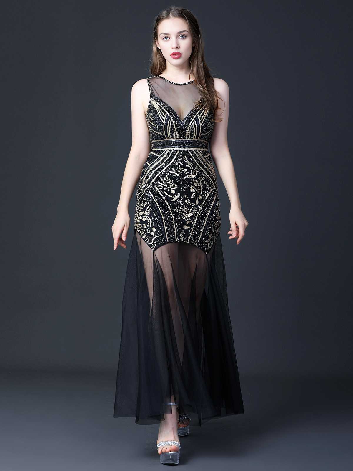 Black 1920s Round Neck Sheer Beading Dress - Image 5