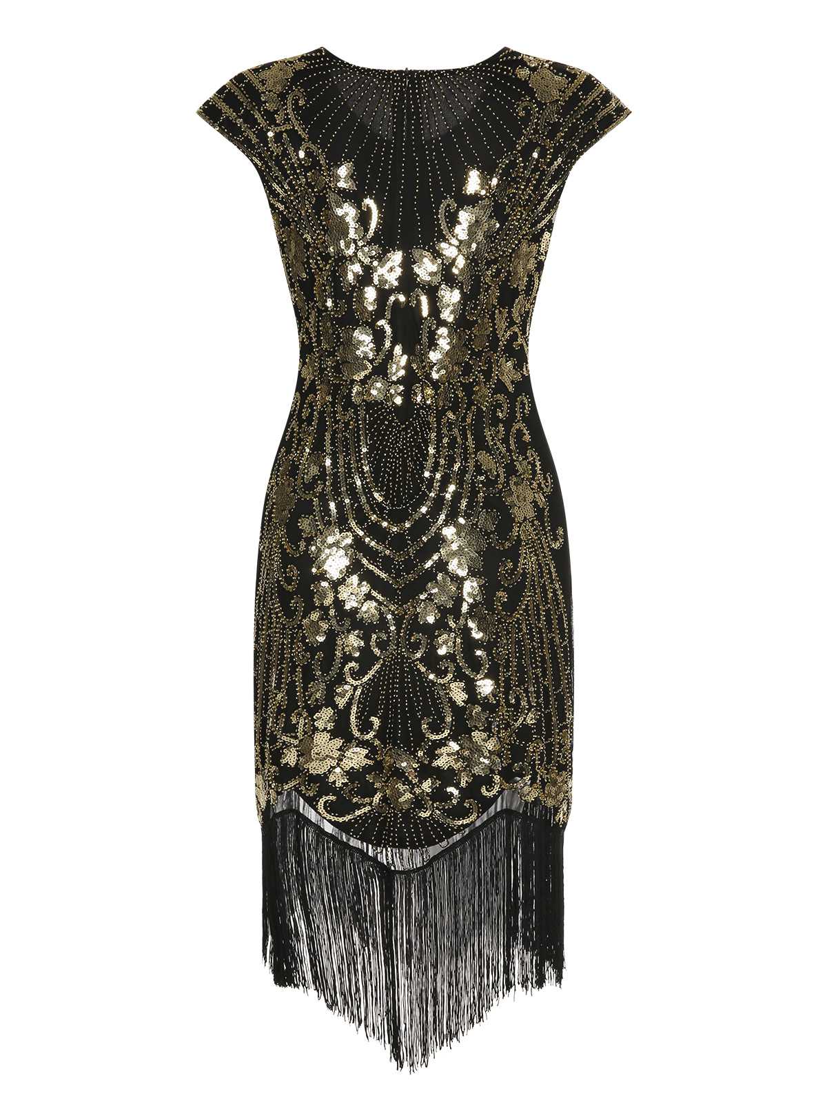 Black 1920s Sequined Tassel Cap Sleeve Dress - Image 3