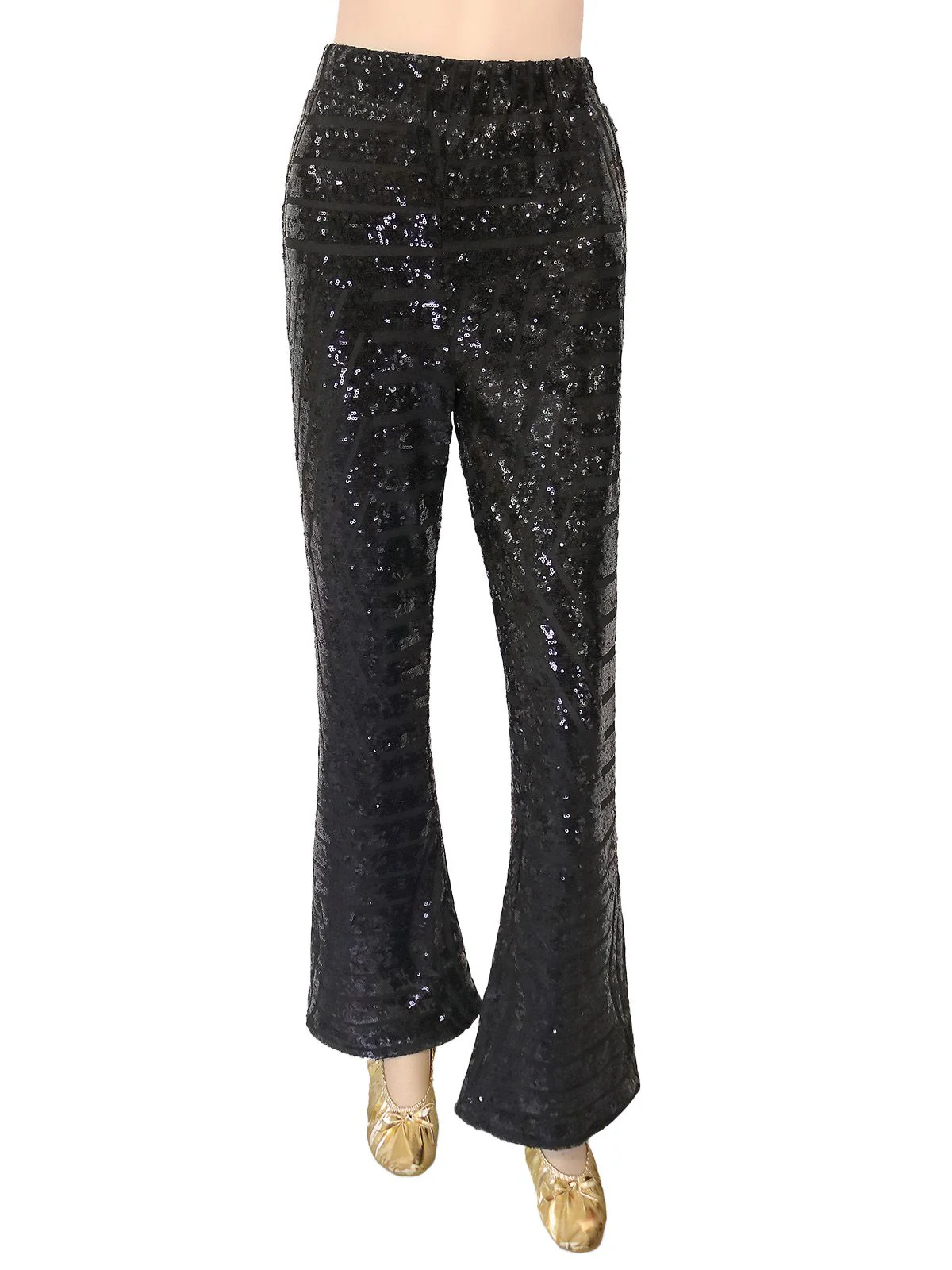 Black 1920s Solid Sequin Flared Pants - Image 2