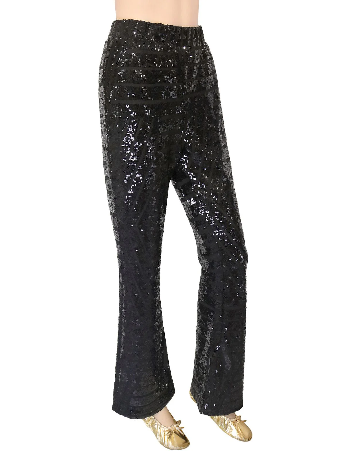 Black 1920s Solid Sequin Flared Pants - Image 3