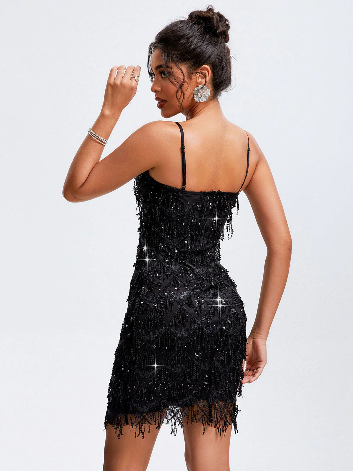 Black 1920s Spaghetti Straps Sequined Flapper Dress - Image 2