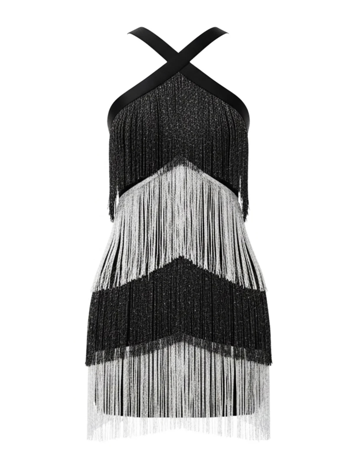 Black 1920s Strappy Fringe Sequin Cocktail Dress - Image 2