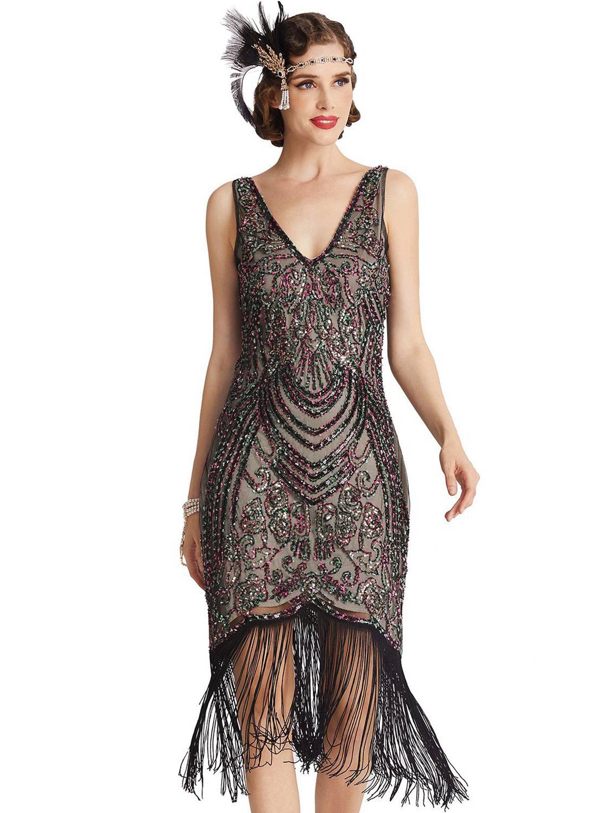 Black 1920s V-Neck Floral Sequined Dress - Image 3