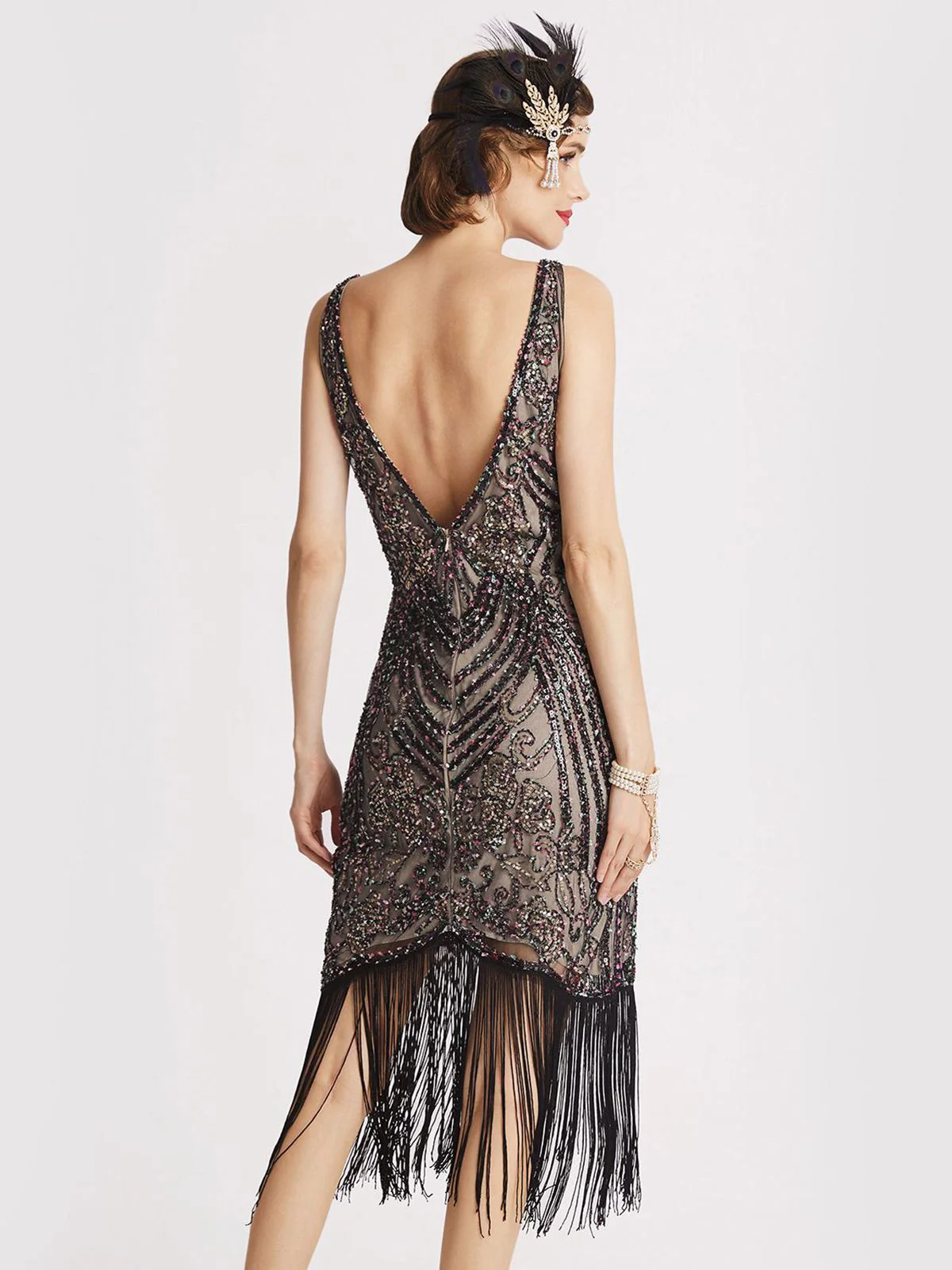 Black 1920s V-Neck Floral Sequined Dress - Image 4