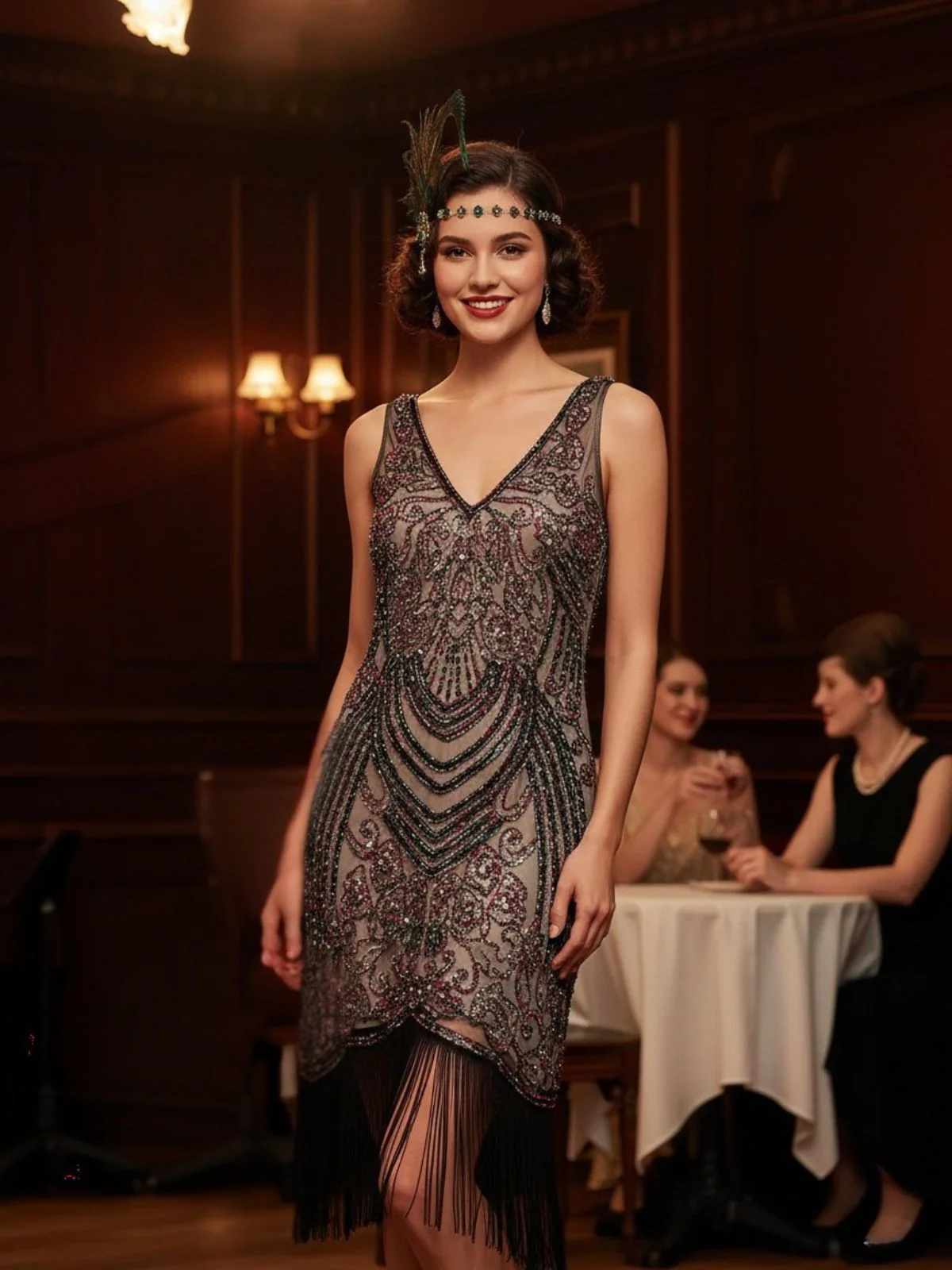 Black 1920s V-Neck Floral Sequined Dress - Image 5