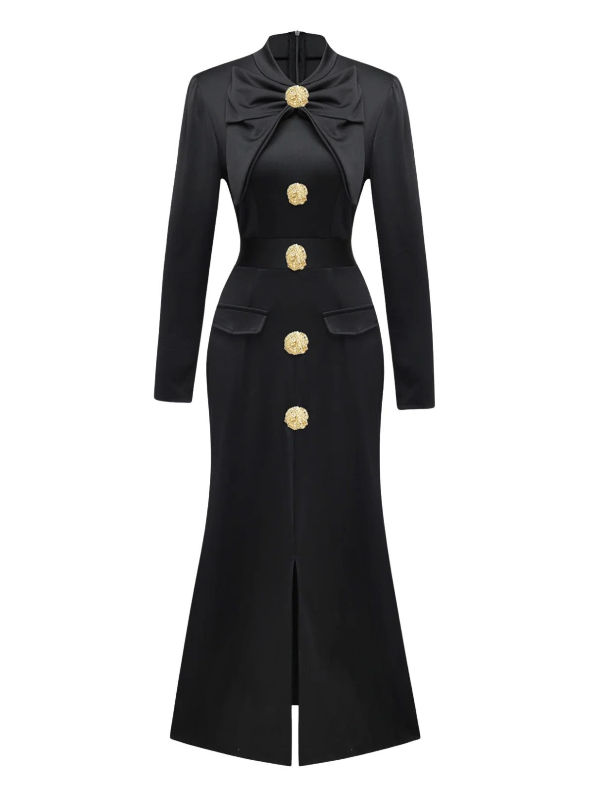 Black 1930s Bow Collar Metal Button Front Slit Dress - Image 2