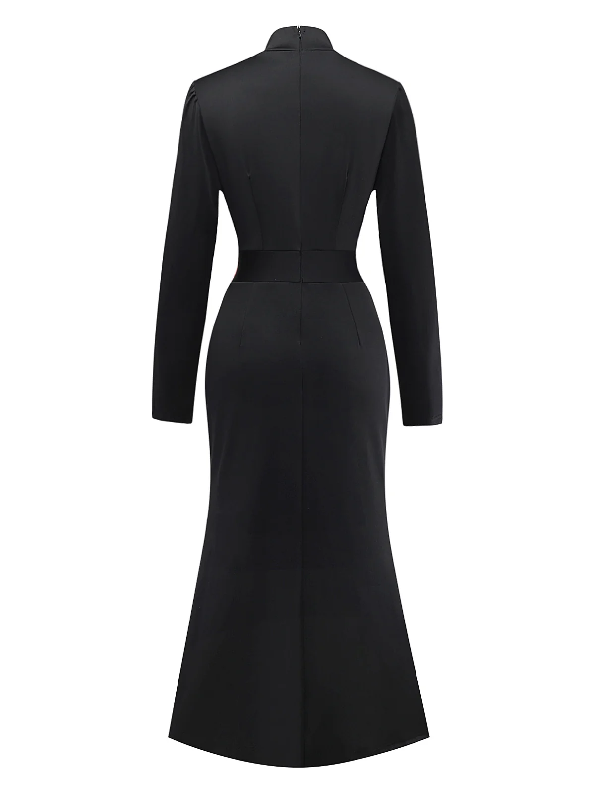 Black 1930s Bow Collar Metal Button Front Slit Dress - Image 3