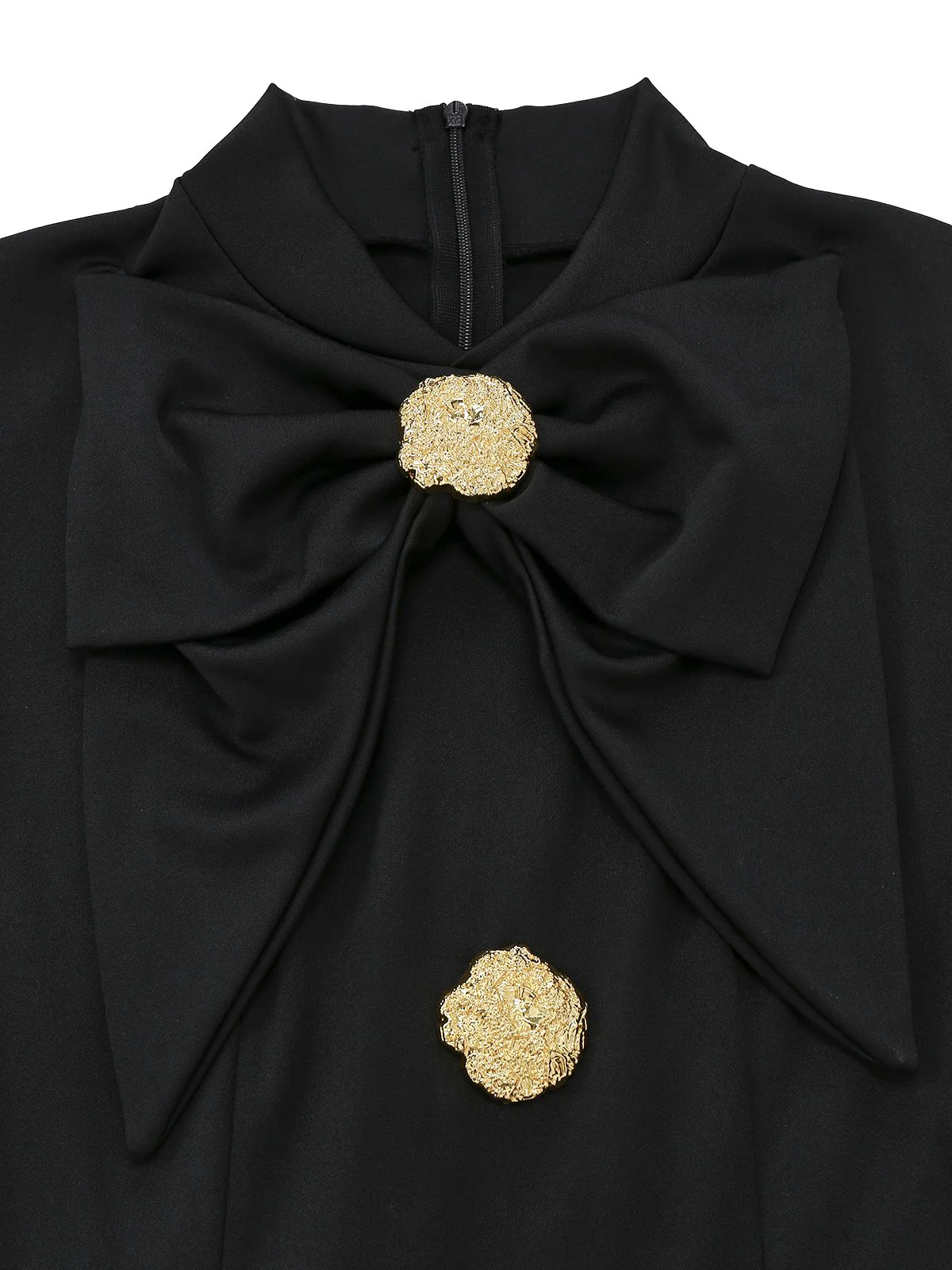 Black 1930s Bow Collar Metal Button Front Slit Dress - Image 4