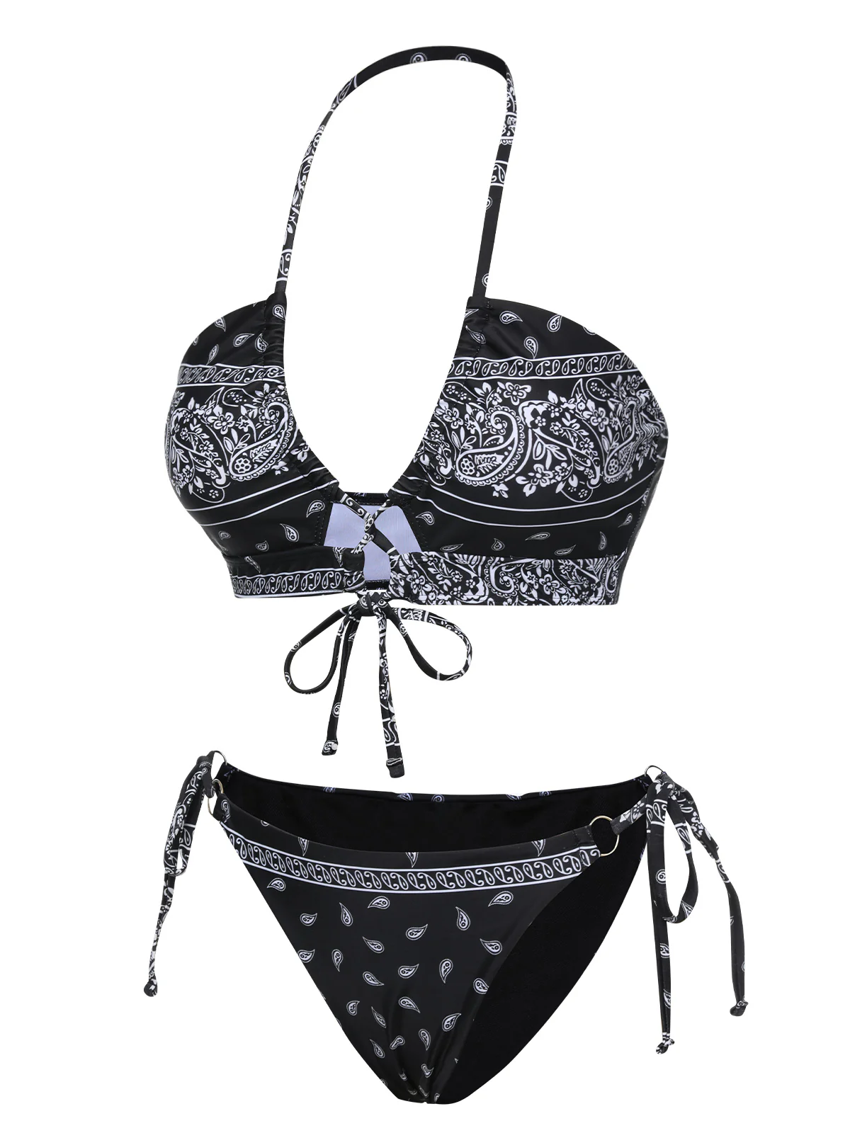 Black 1930s Cashew Flowers Lace-Up Bikini Set - Image 2