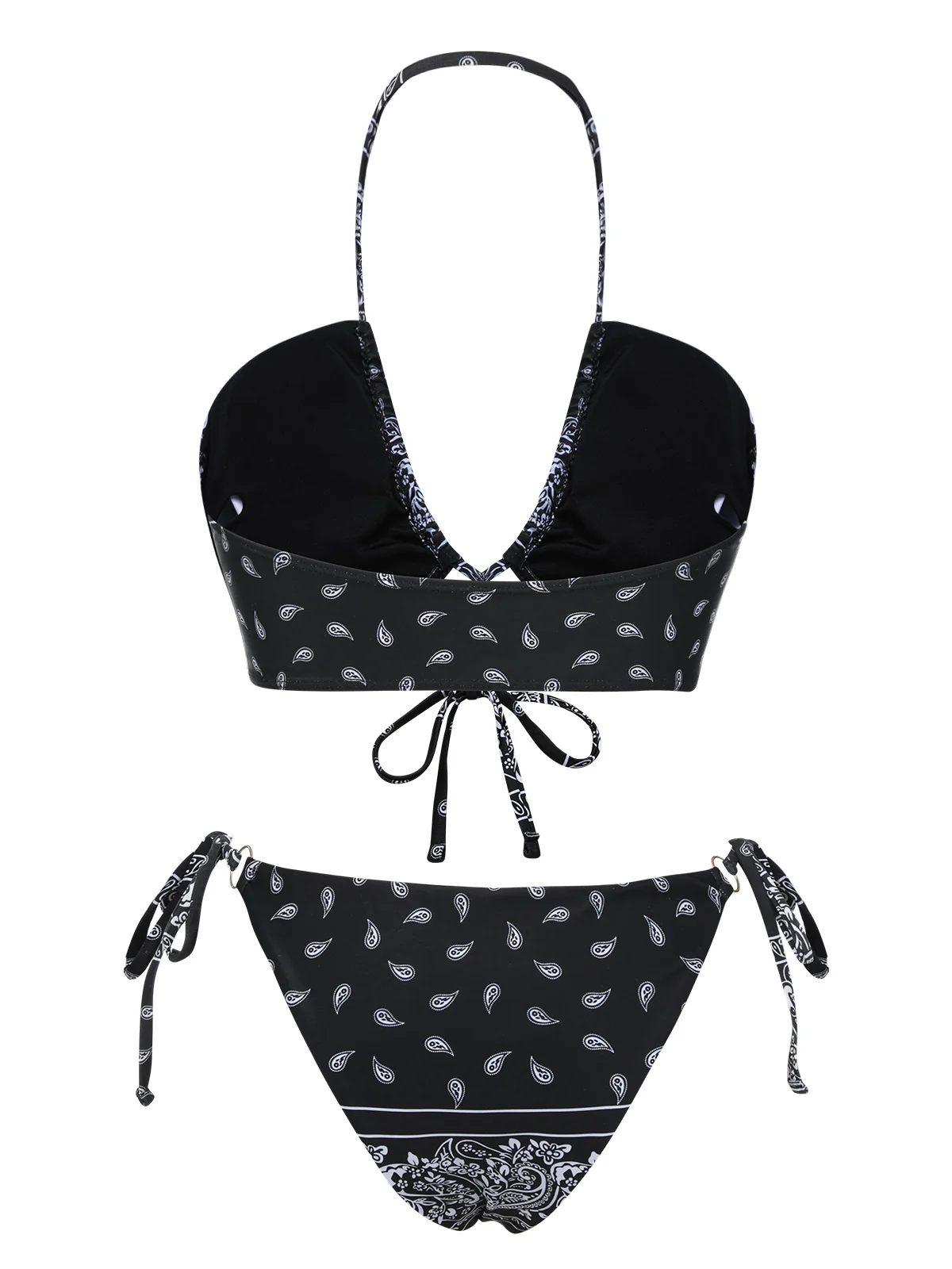 Black 1930s Cashew Flowers Lace-Up Bikini Set - Image 3