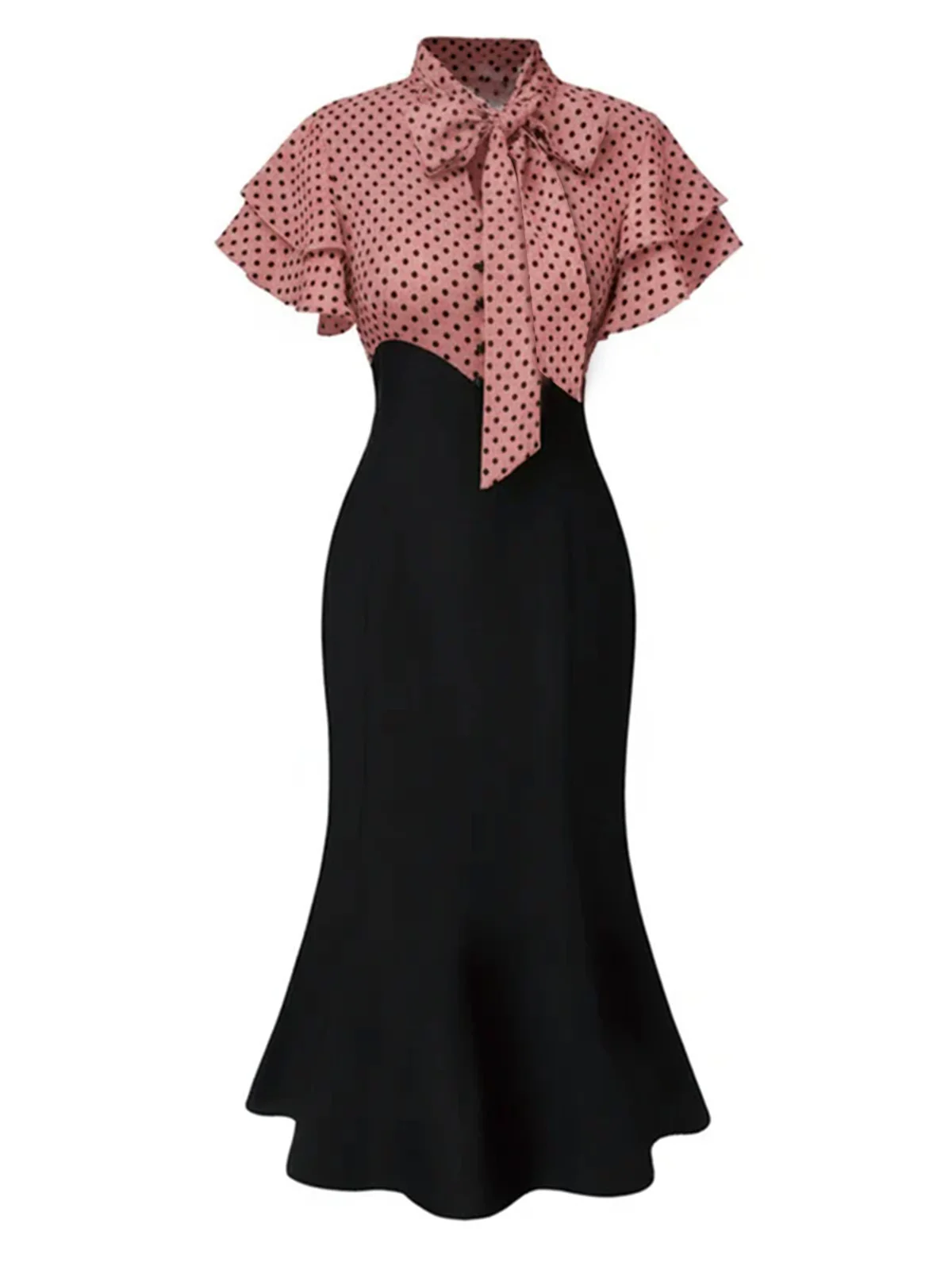 Black 1930s Dots Tie Neck Mermaid Dress - Image 10