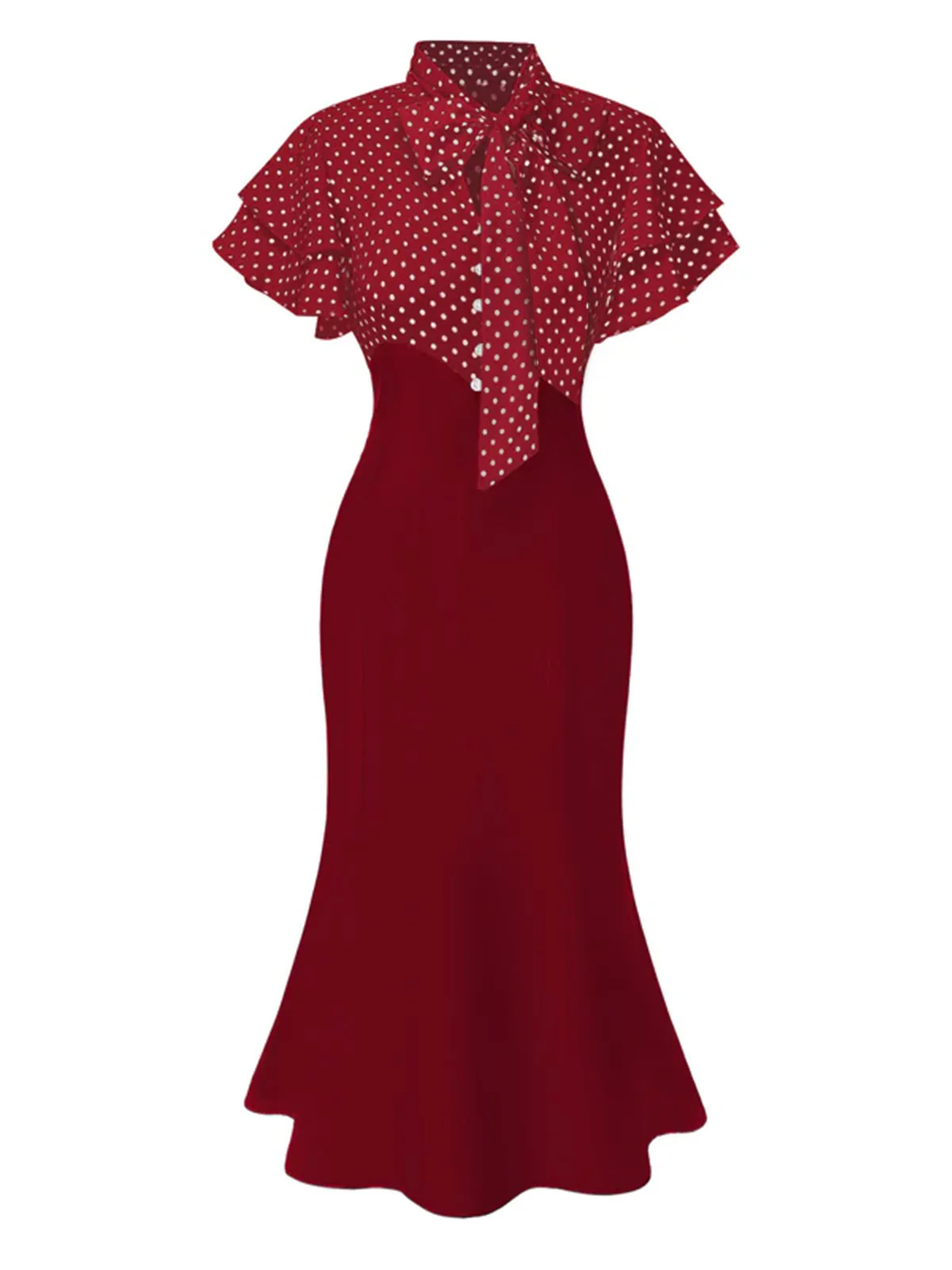 Black 1930s Dots Tie Neck Mermaid Dress - Image 9