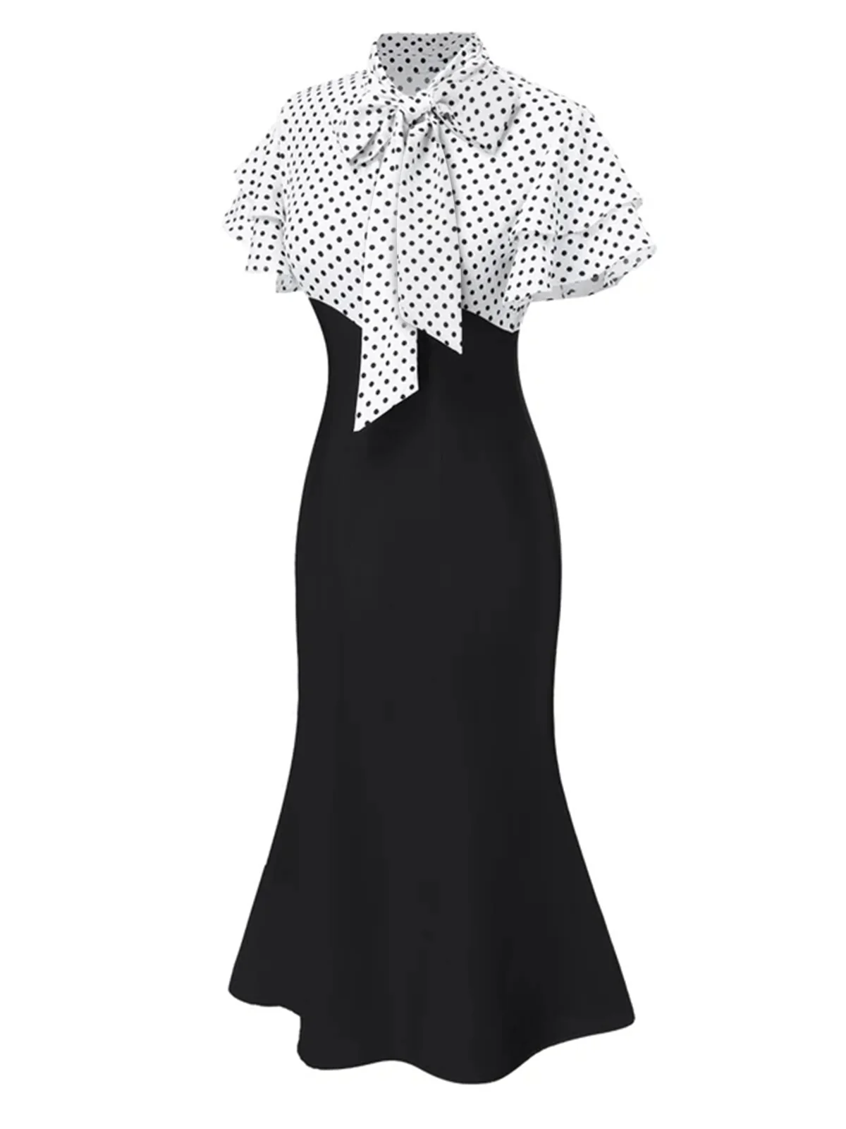 Black 1930s Dots Tie Neck Mermaid Dress - Image 3