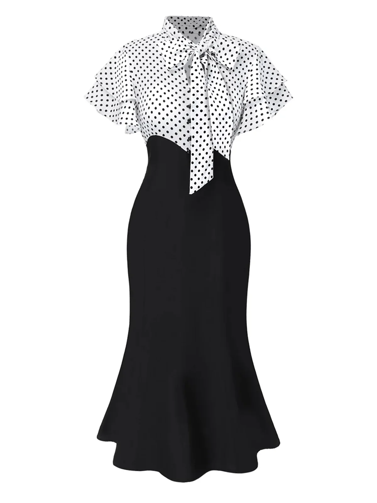 Black 1930s Dots Tie Neck Mermaid Dress - Image 3
