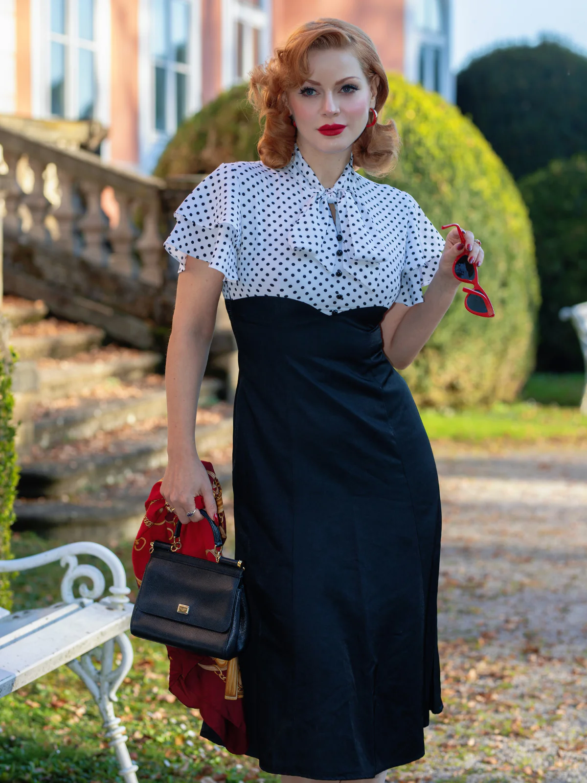 Black 1930s Dots Tie Neck Mermaid Dress - Image 2