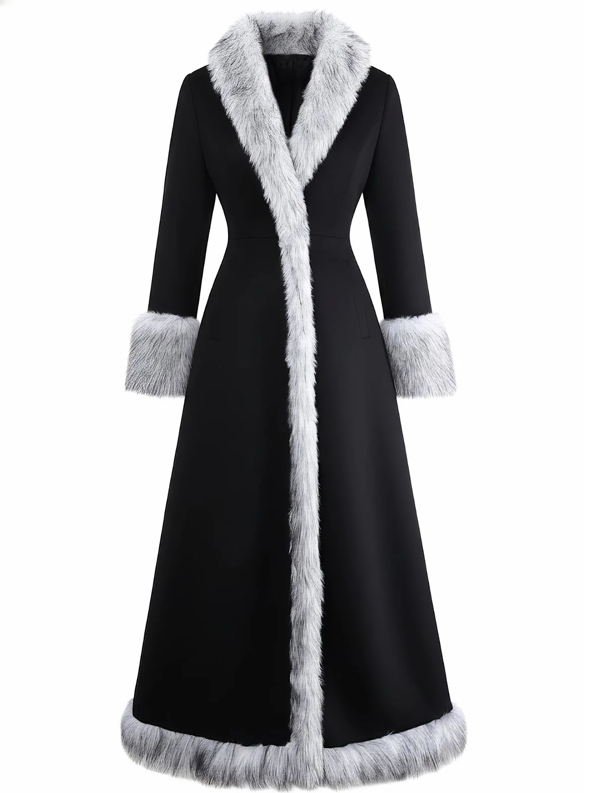 Black 1930s Faux Fur Trim Maxi Coat - Image 2