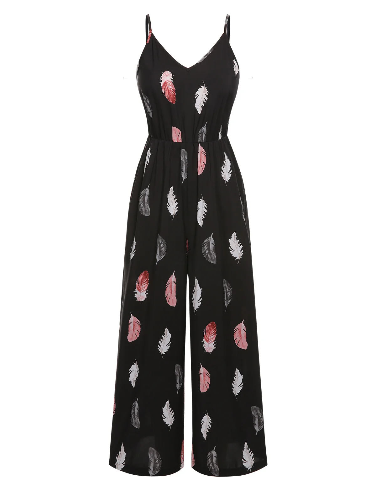 Black 1930s Feather Print Spaghetti Strap Jumpsuit - Image 2