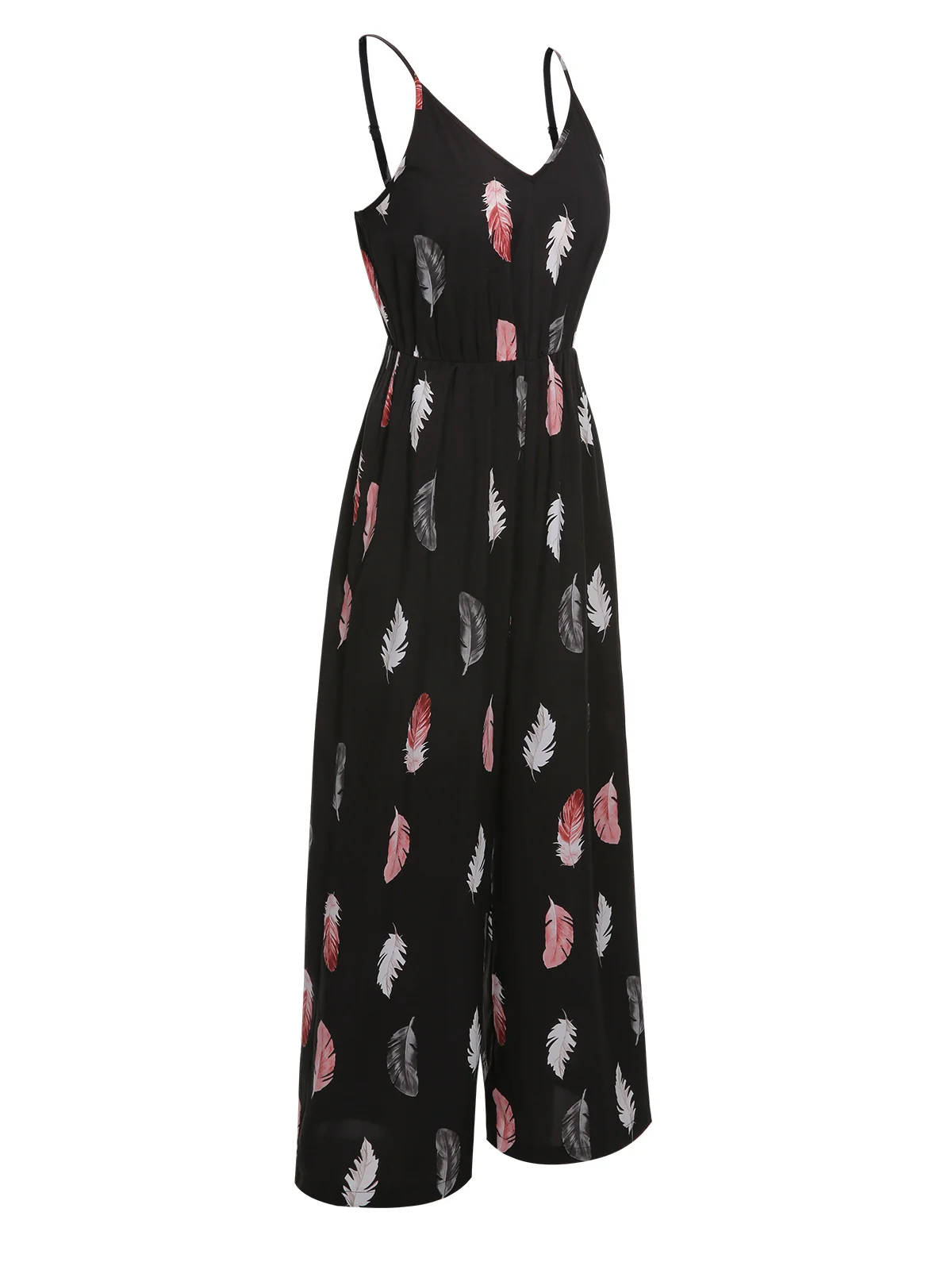 Black 1930s Feather Print Spaghetti Strap Jumpsuit - Image 3