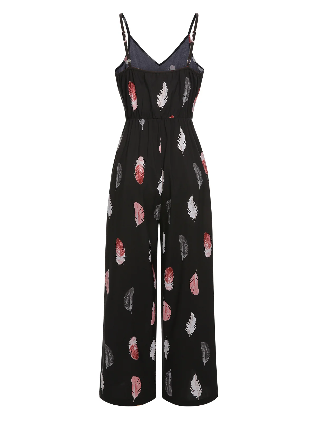 Black 1930s Feather Print Spaghetti Strap Jumpsuit - Image 4