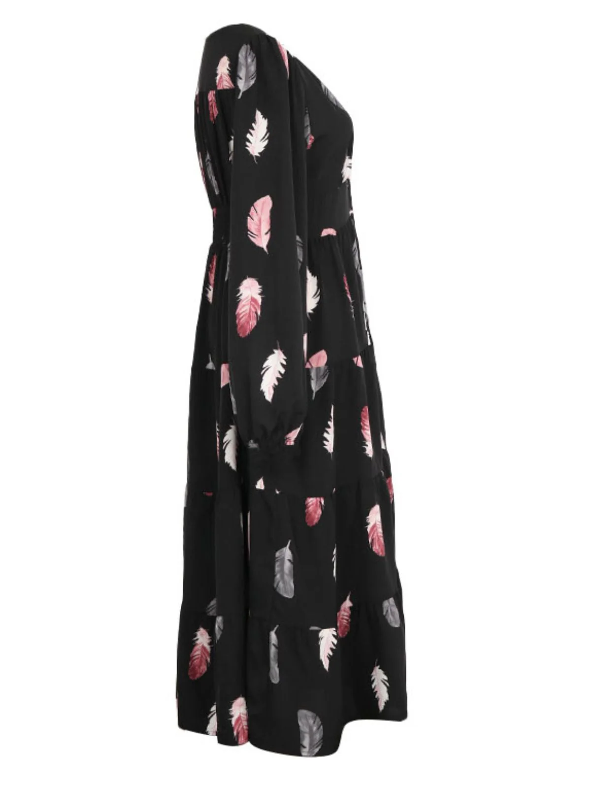 Black 1930s Feather V-Neck Buttoned Dress - Image 2