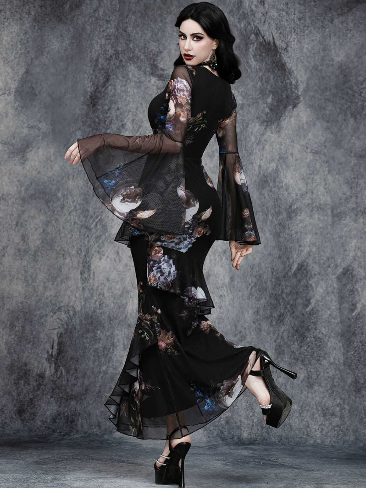 Black 1930s Floral Bell Sleeve Deep V-Neck Fishtail Dress - Image 2