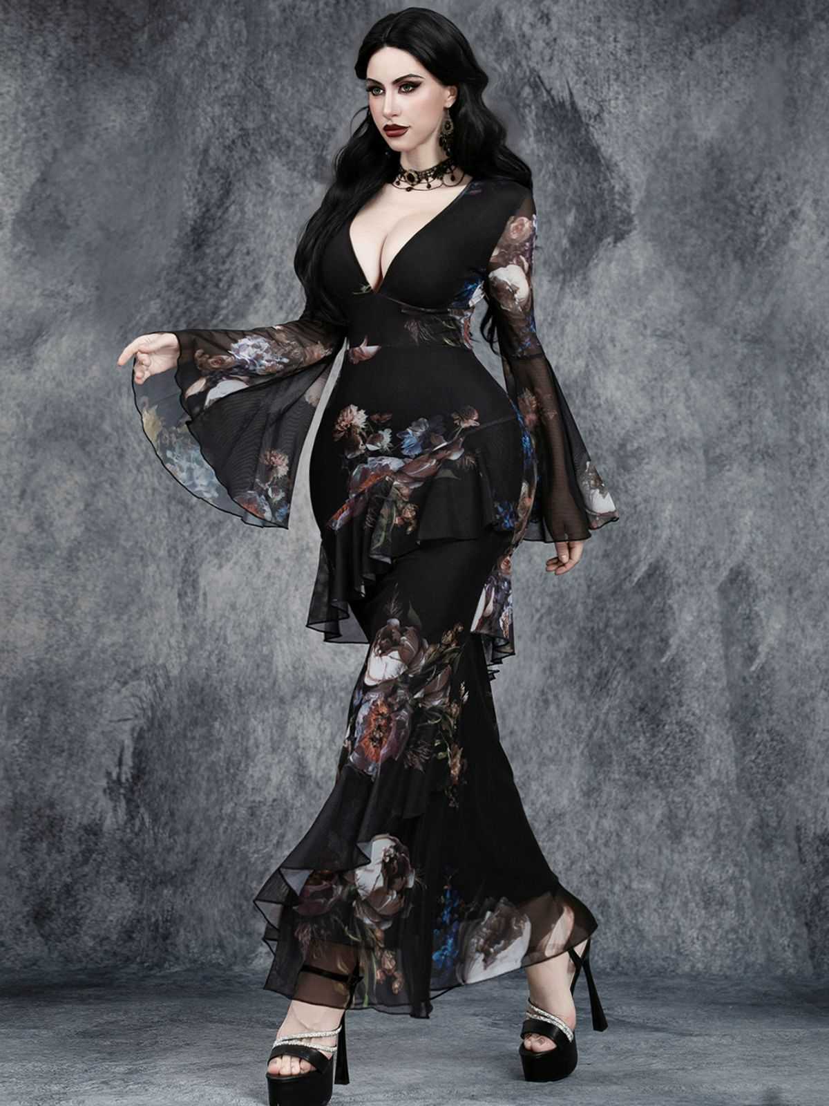 Black 1930s Floral Bell Sleeve Deep V-Neck Fishtail Dress - Image 4