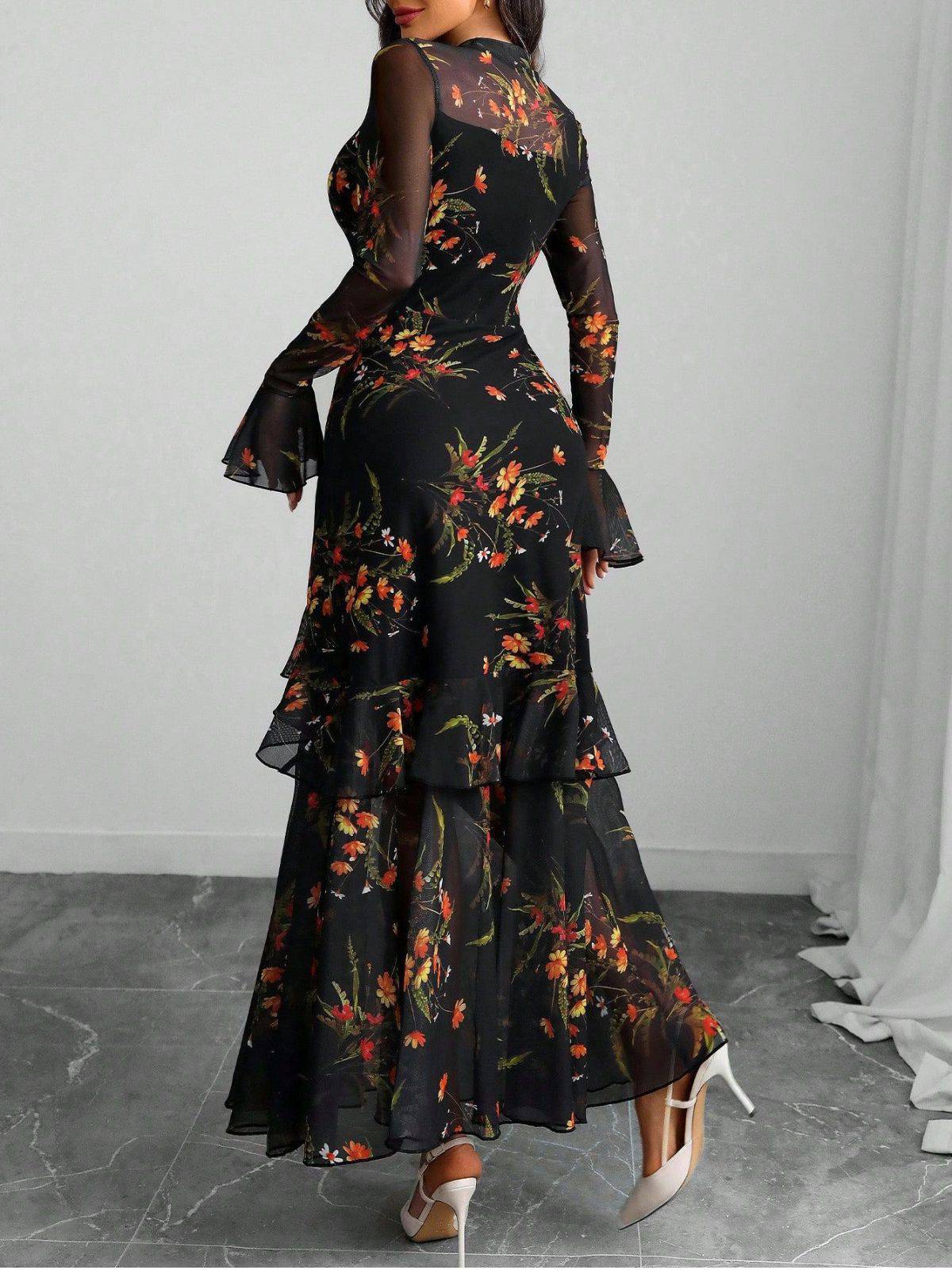 Black 1930s Floral Mesh Ruffle Maxi Dress - Image 2