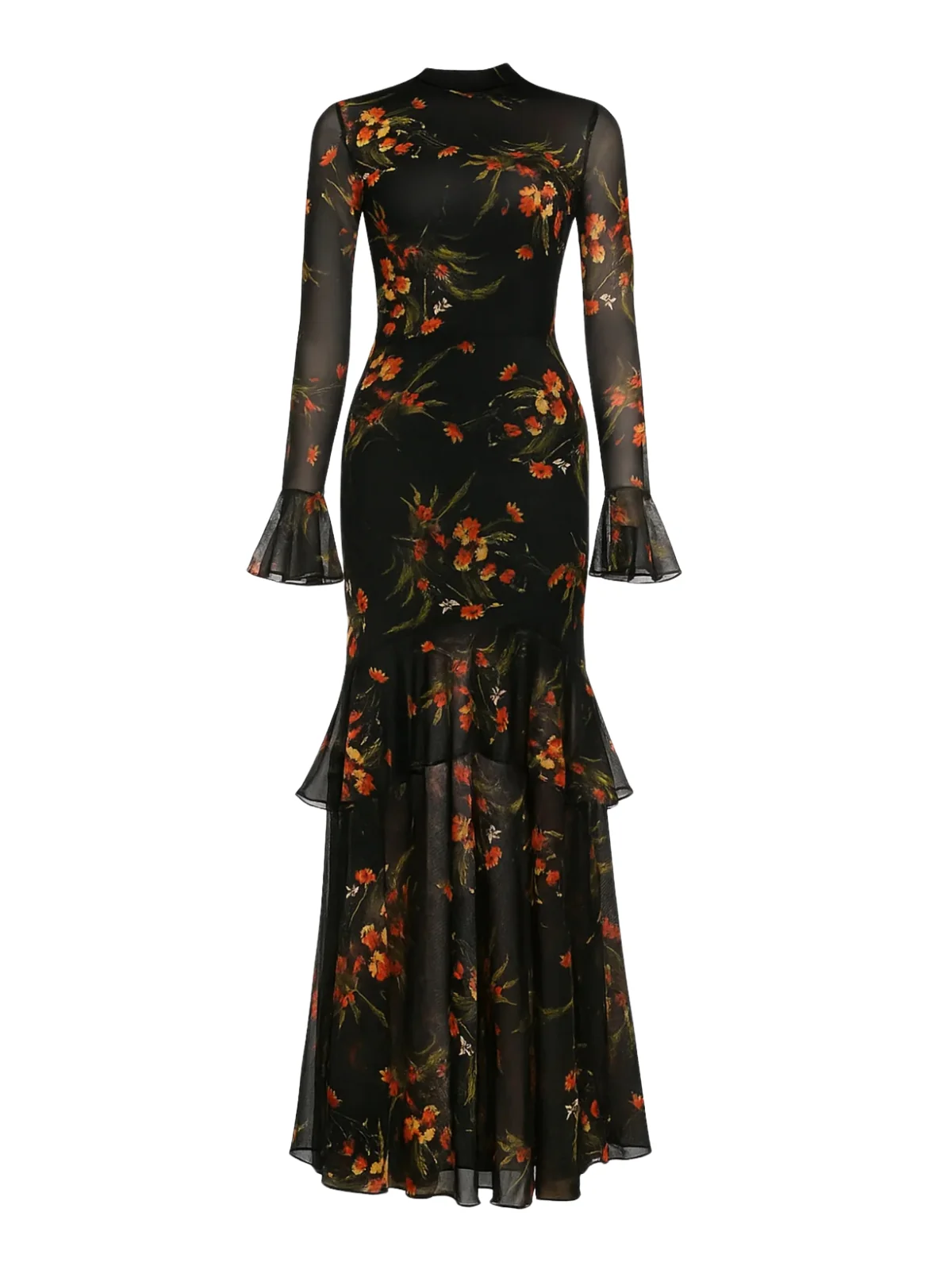 Black 1930s Floral Mesh Ruffle Maxi Dress - Image 4