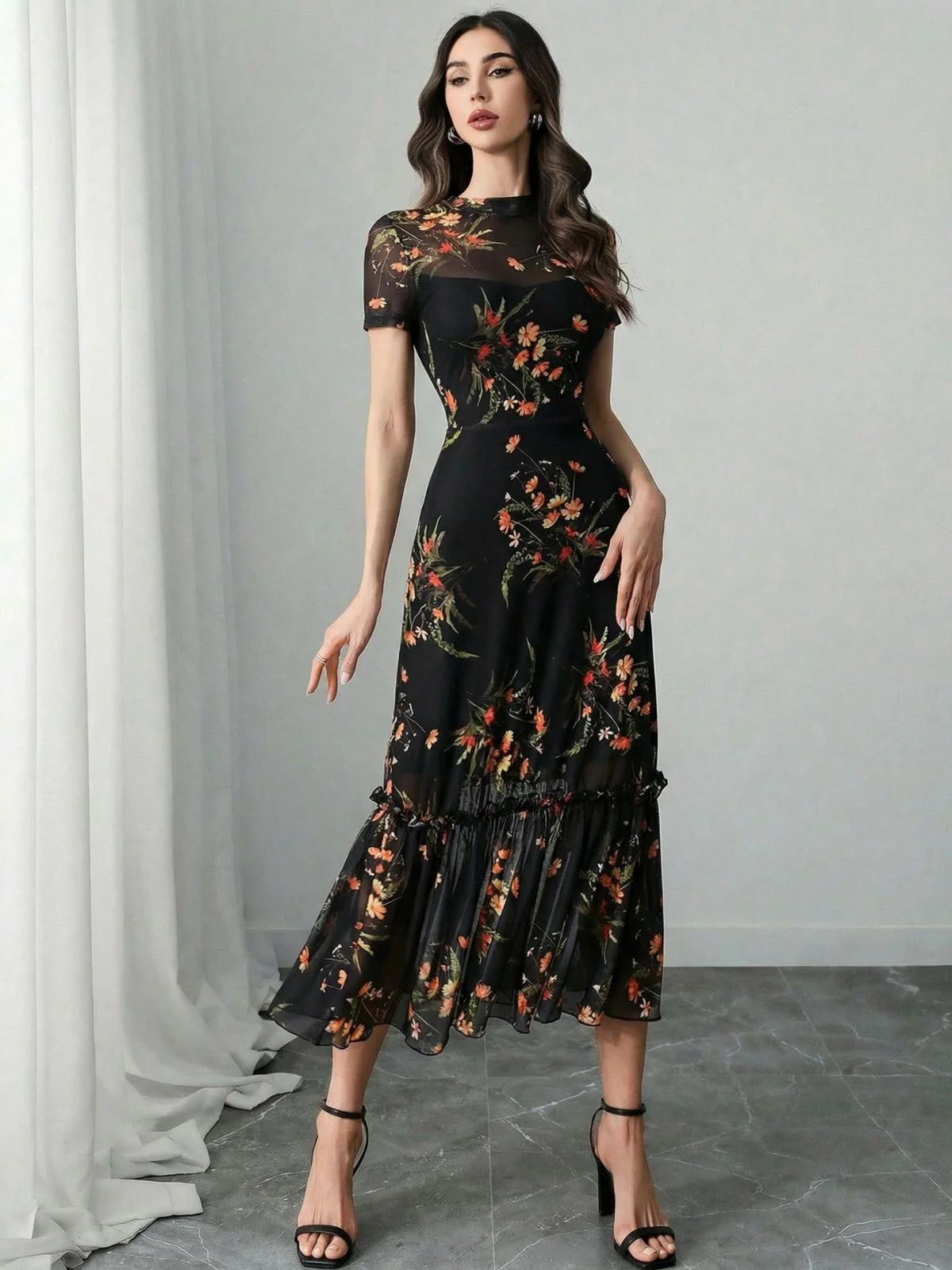 [Pre-Sale] Black 1930s Floral Mesh Ruffle Midi Dress - Image 2
