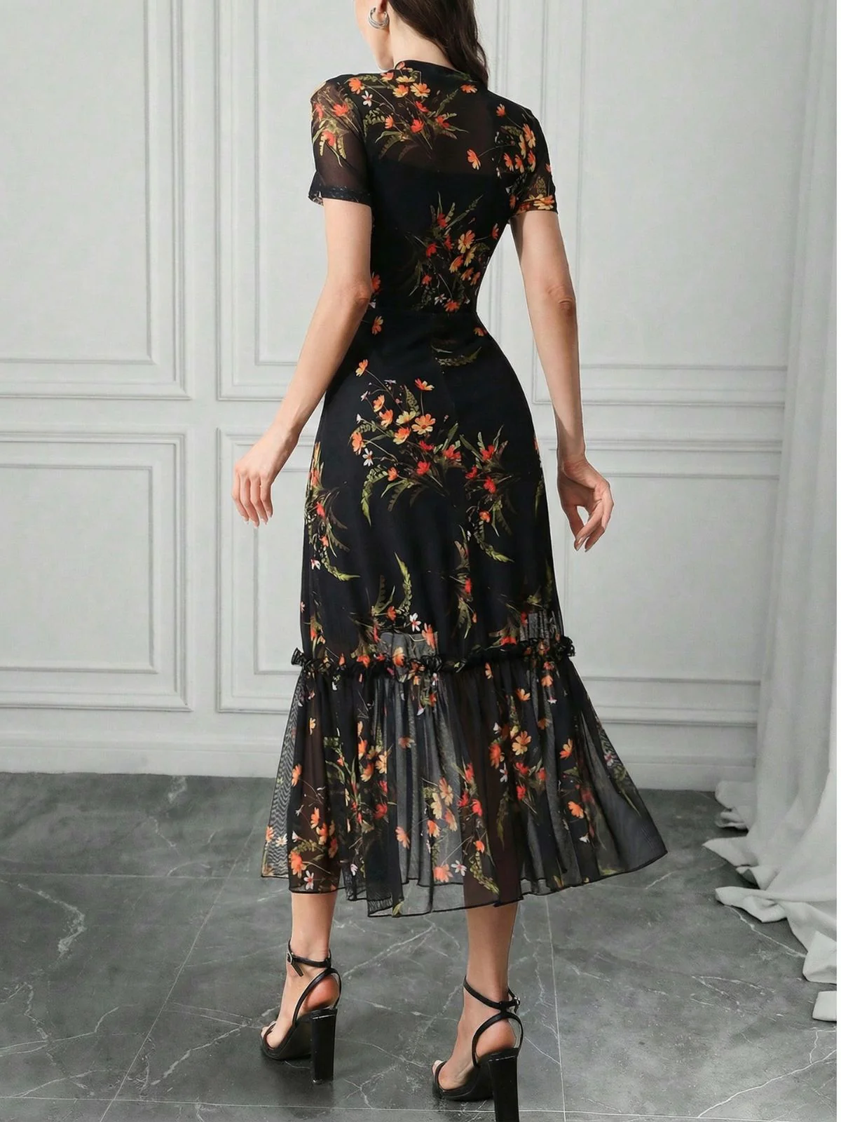[Pre-Sale] Black 1930s Floral Mesh Ruffle Midi Dress - Image 3