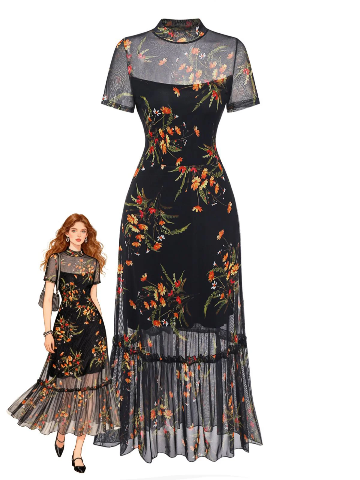 [Pre-Sale] Black 1930s Floral Mesh Ruffle Midi Dress - Image 4