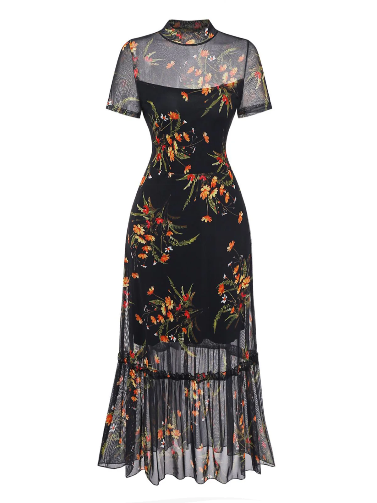 [Pre-Sale] Black 1930s Floral Mesh Ruffle Midi Dress - Image 5