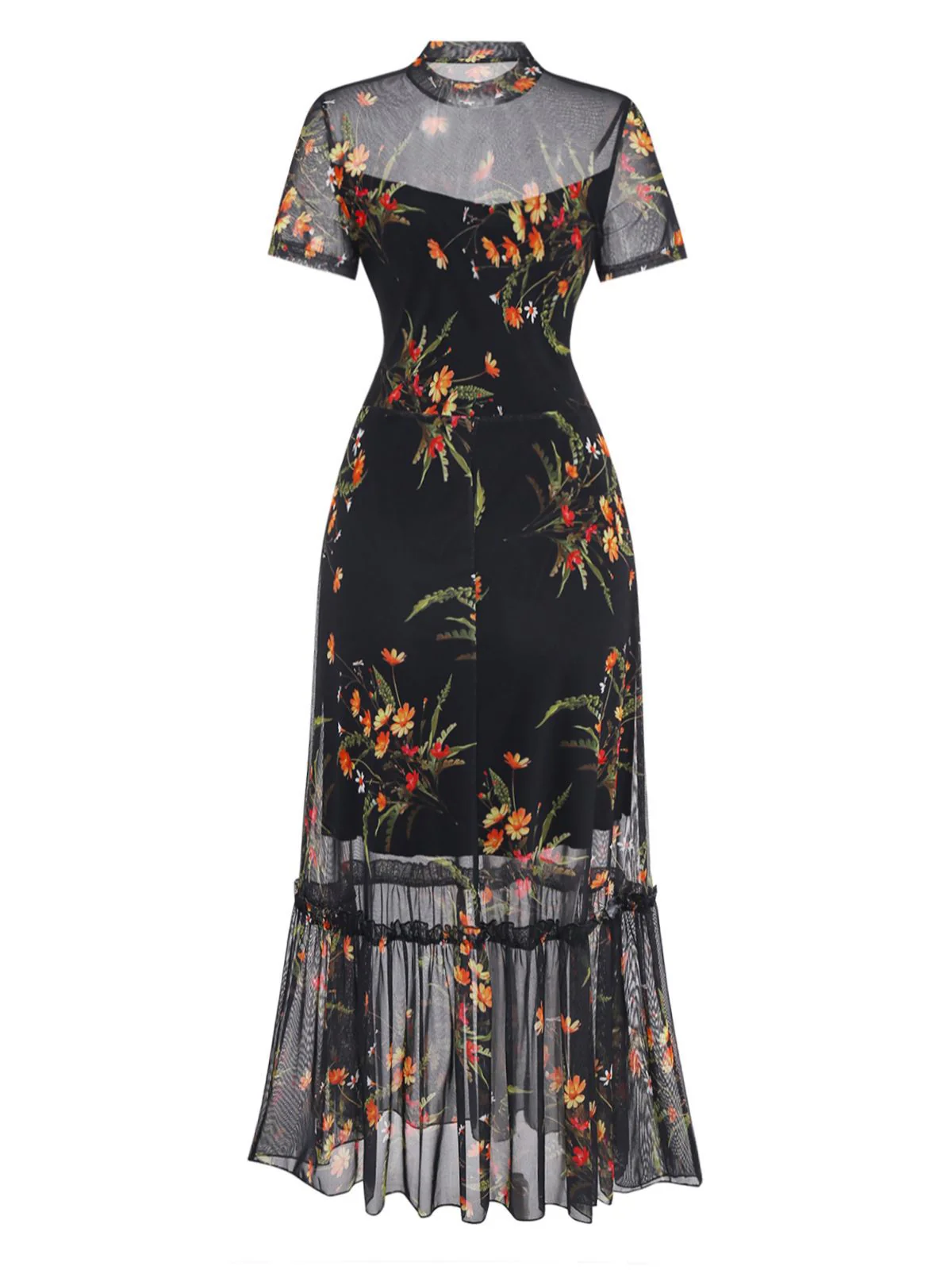 [Pre-Sale] Black 1930s Floral Mesh Ruffle Midi Dress - Image 6