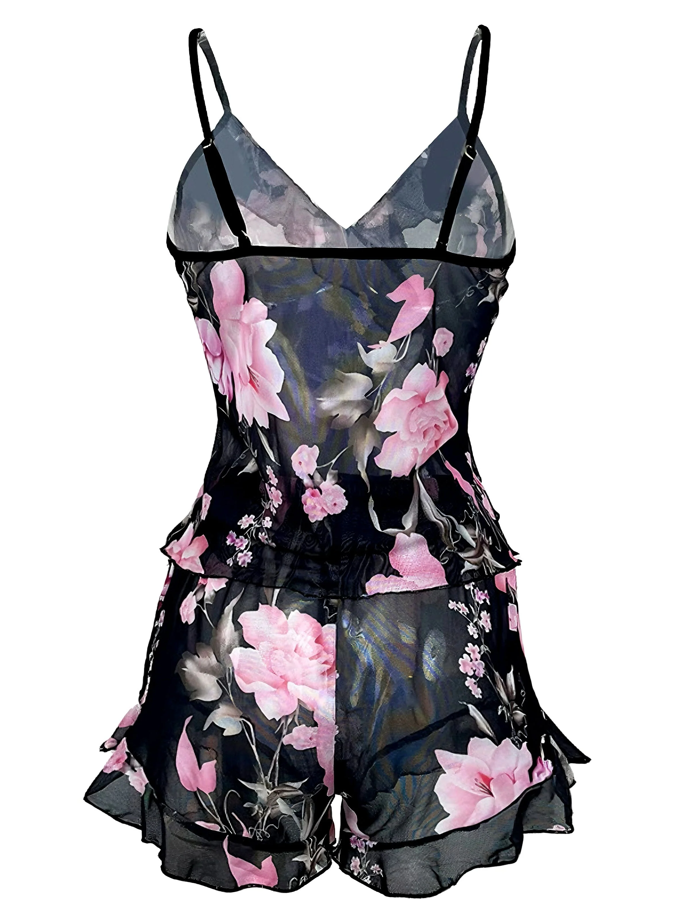 Black 1930s Floral Ruffled V-Neck Pajama Set - Image 2