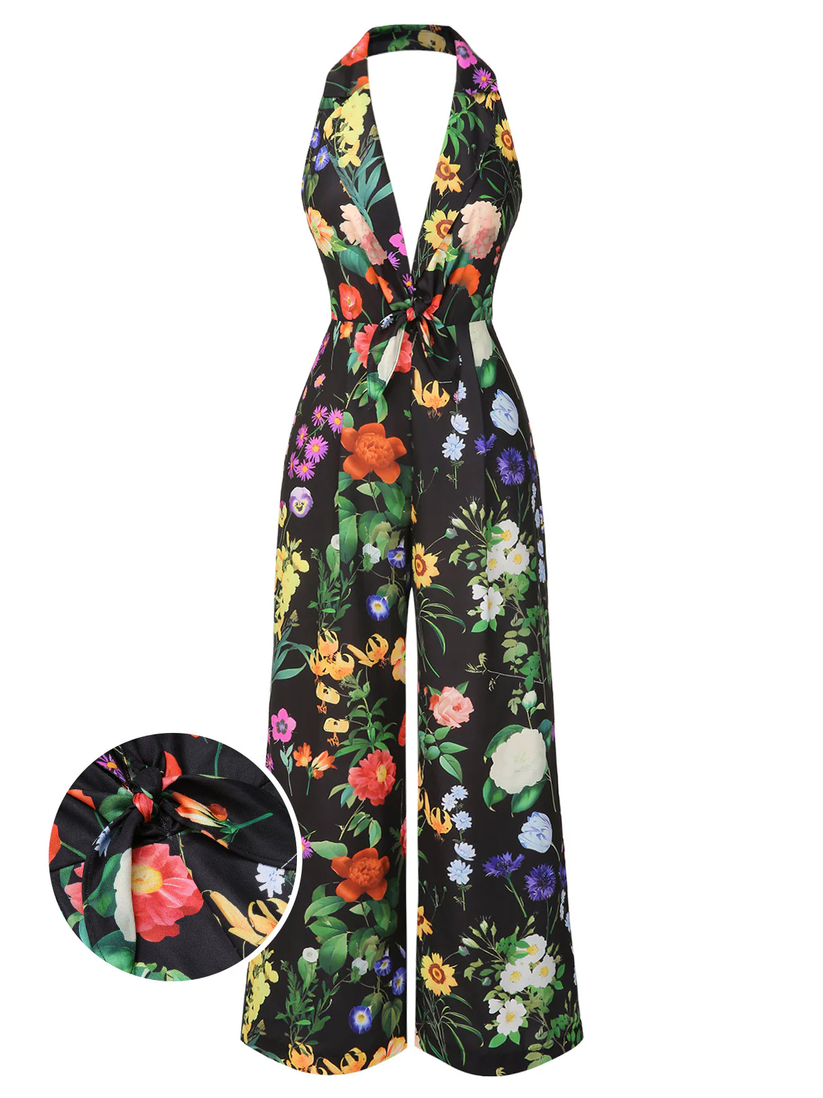 Black 1930s Floral V-Neck Halter Jumpsuit - Image 2