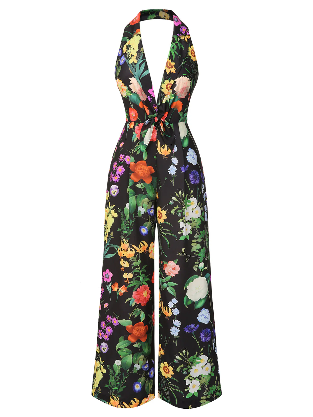 Black 1930s Floral V-Neck Halter Jumpsuit - Image 3